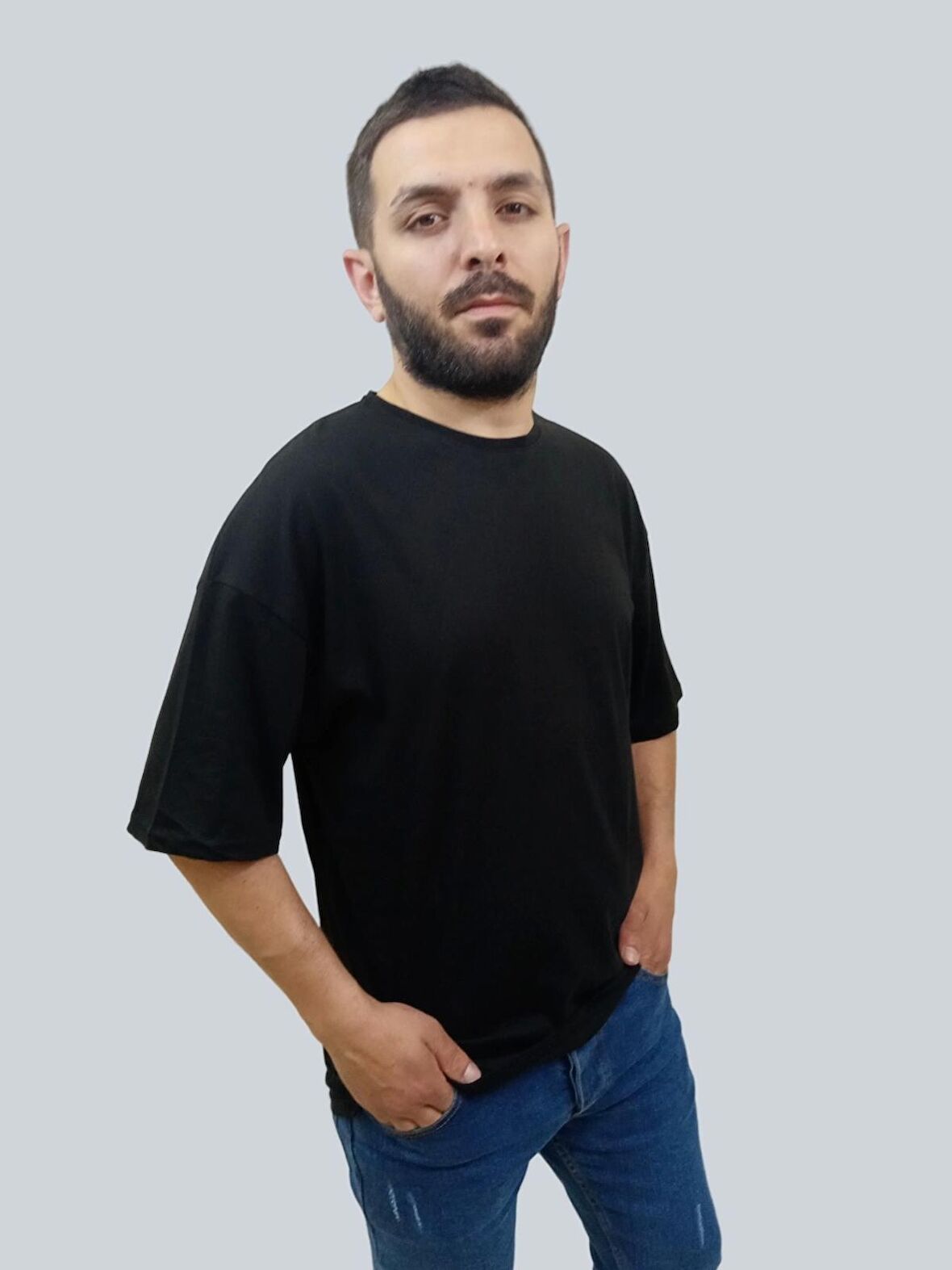 Erkek Plain Oversize Bisiklet Yaka Siyah Tişört