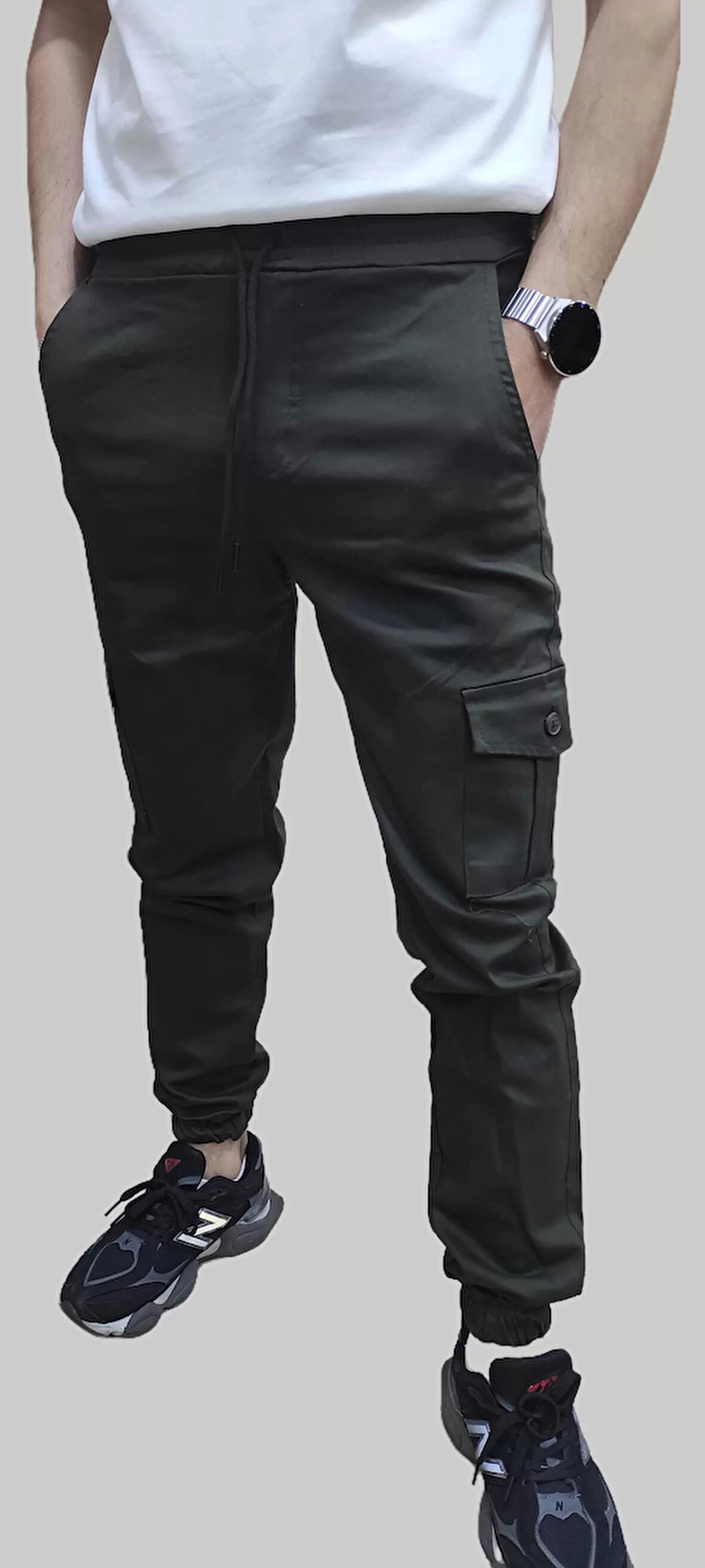 Erkek Jogger Beli ve Paçası Lastikli Keten Haki Kargo Pantolon