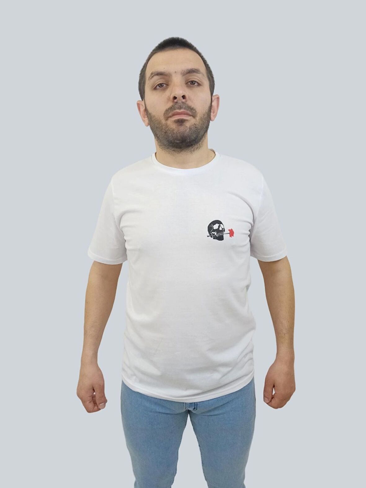 Erkek Skull Sıfır Yaka Basic Beyaz Tişört