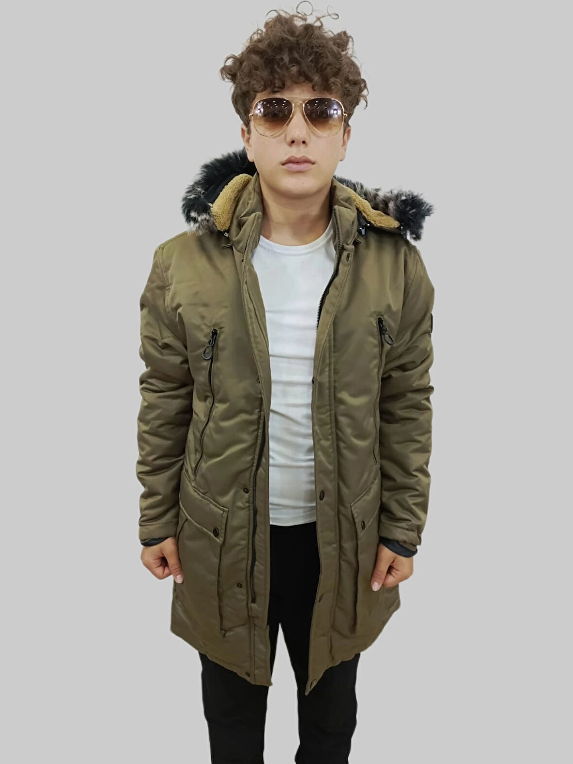 Erkek Kürklü Çıkma Kapüşonlu İçi Kürklü Kanvas Haki Parka Kaban