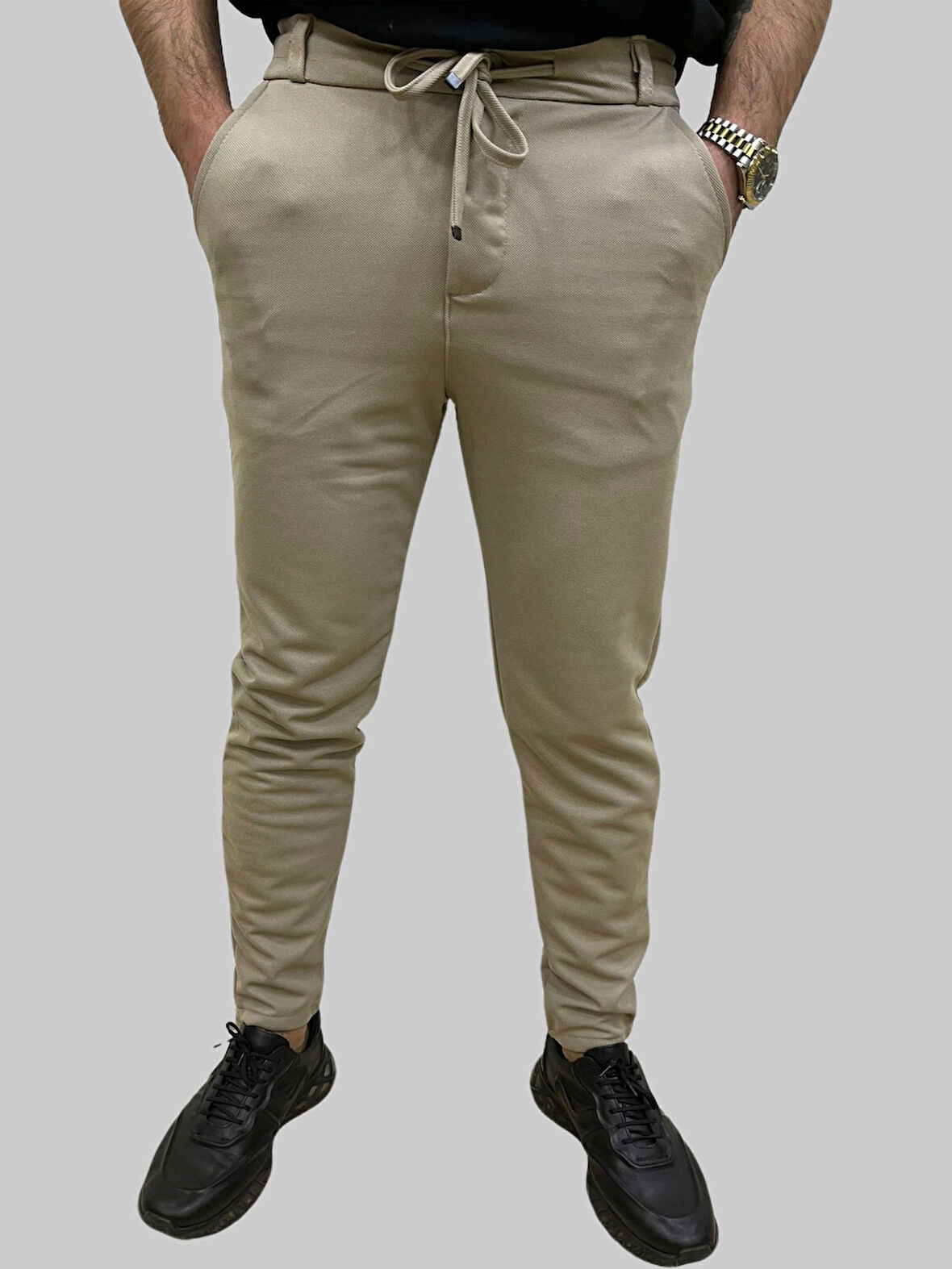 Erkek Runner Jogger Düğmeli Fermuarlı Bağcıklı Bej Kargo Pantolon