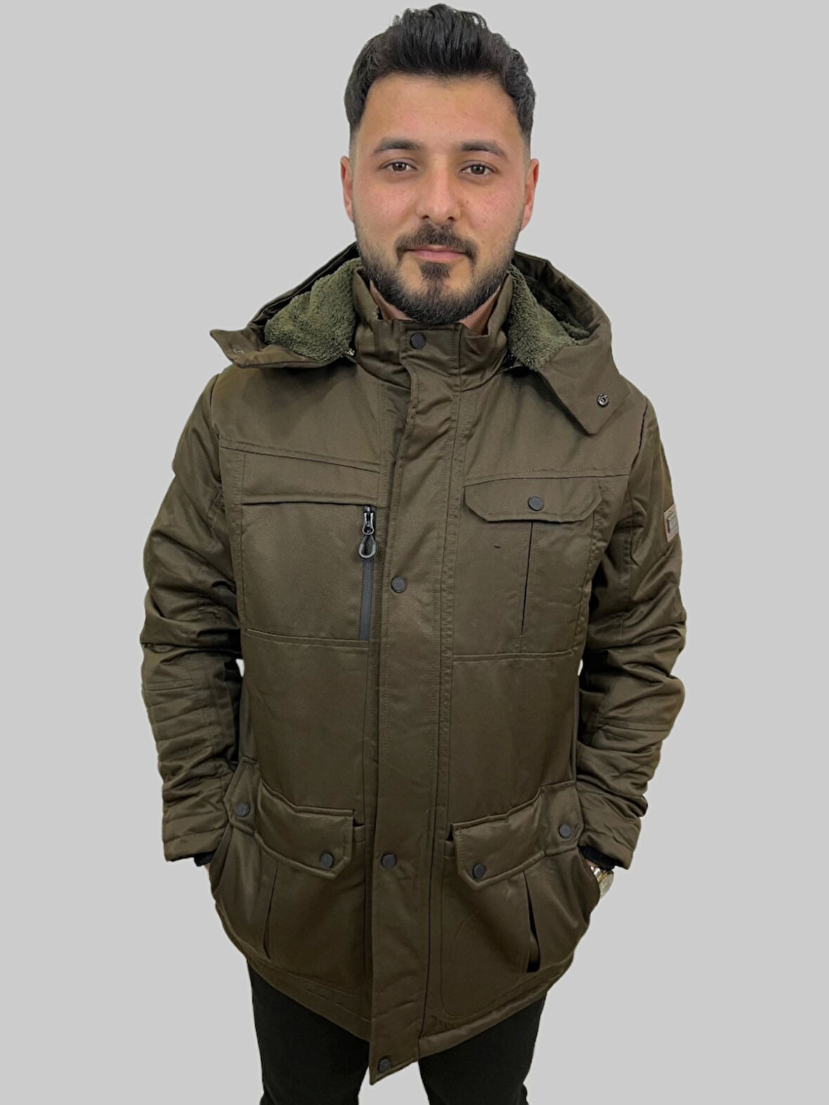 Erkek Kapüşon Çıklamlı İçi Kürklü Kanvas Haki Parka Kaban