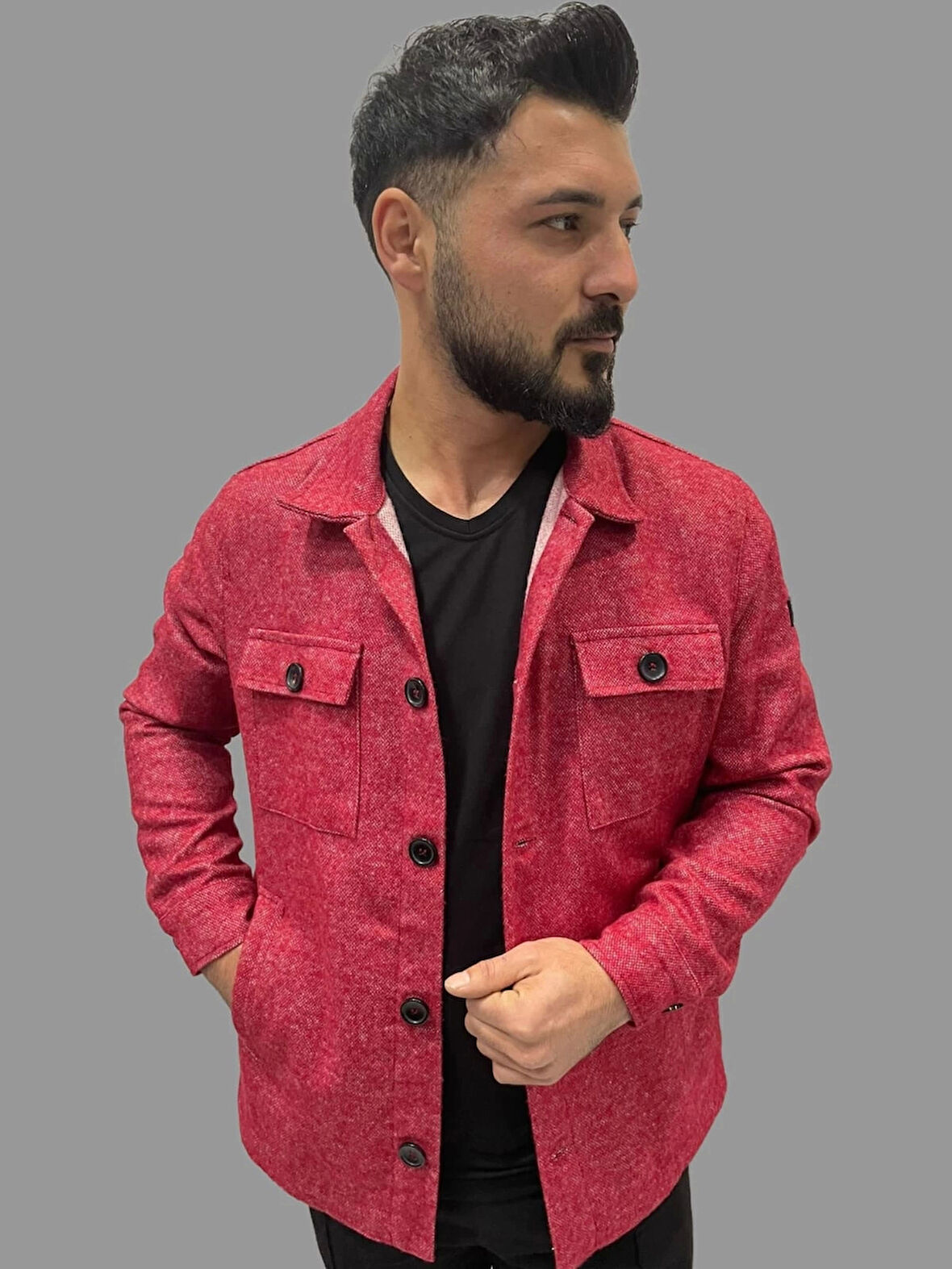 Erkek Kaşe Mevsimlik Cep Detaylı Gömlek Modeli Kırmızı Ceket