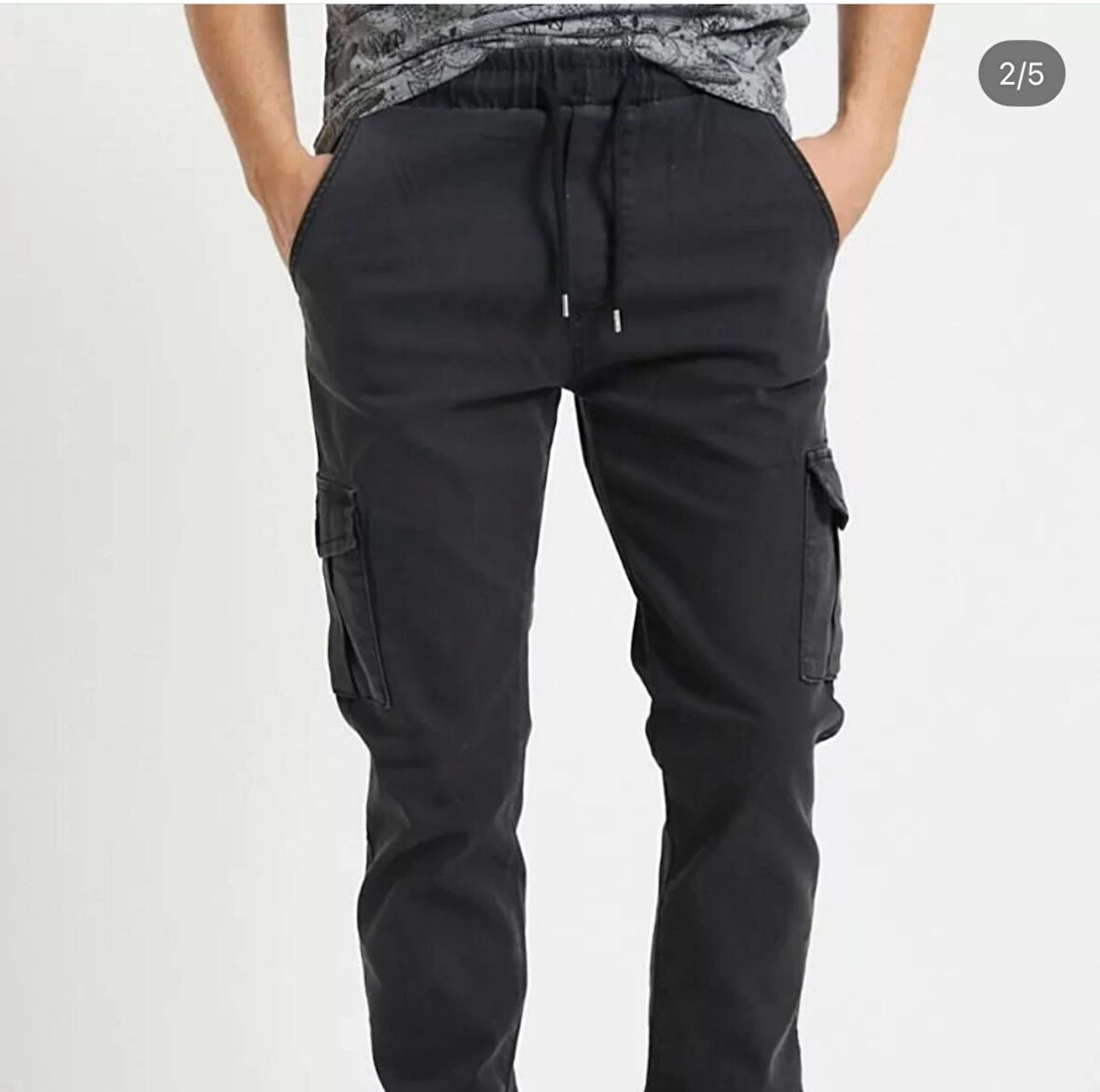 Erkek Jogger Beli ve Paçası Lastikli Keten Siyah Kargo Pantolon