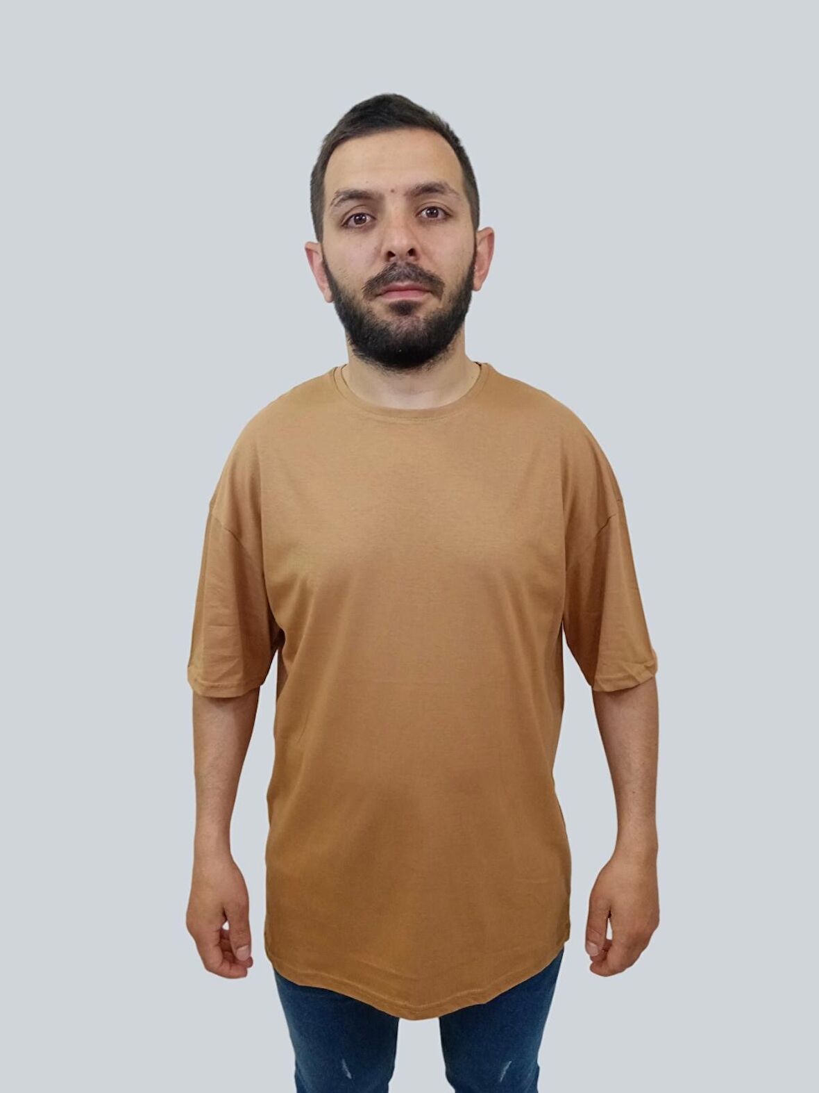 Erkek Plain Oversize Bisiklet Yaka Kahverengi Tişört