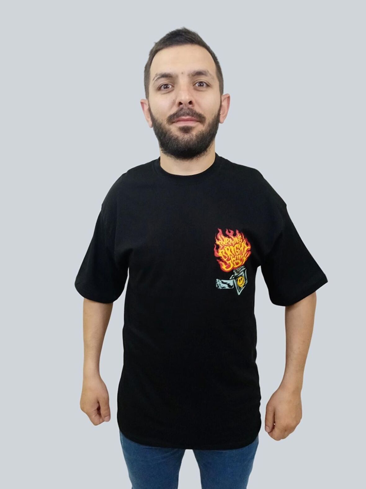 Erkek Burning Oversize Bisiklet Yaka Siyah Tişört
