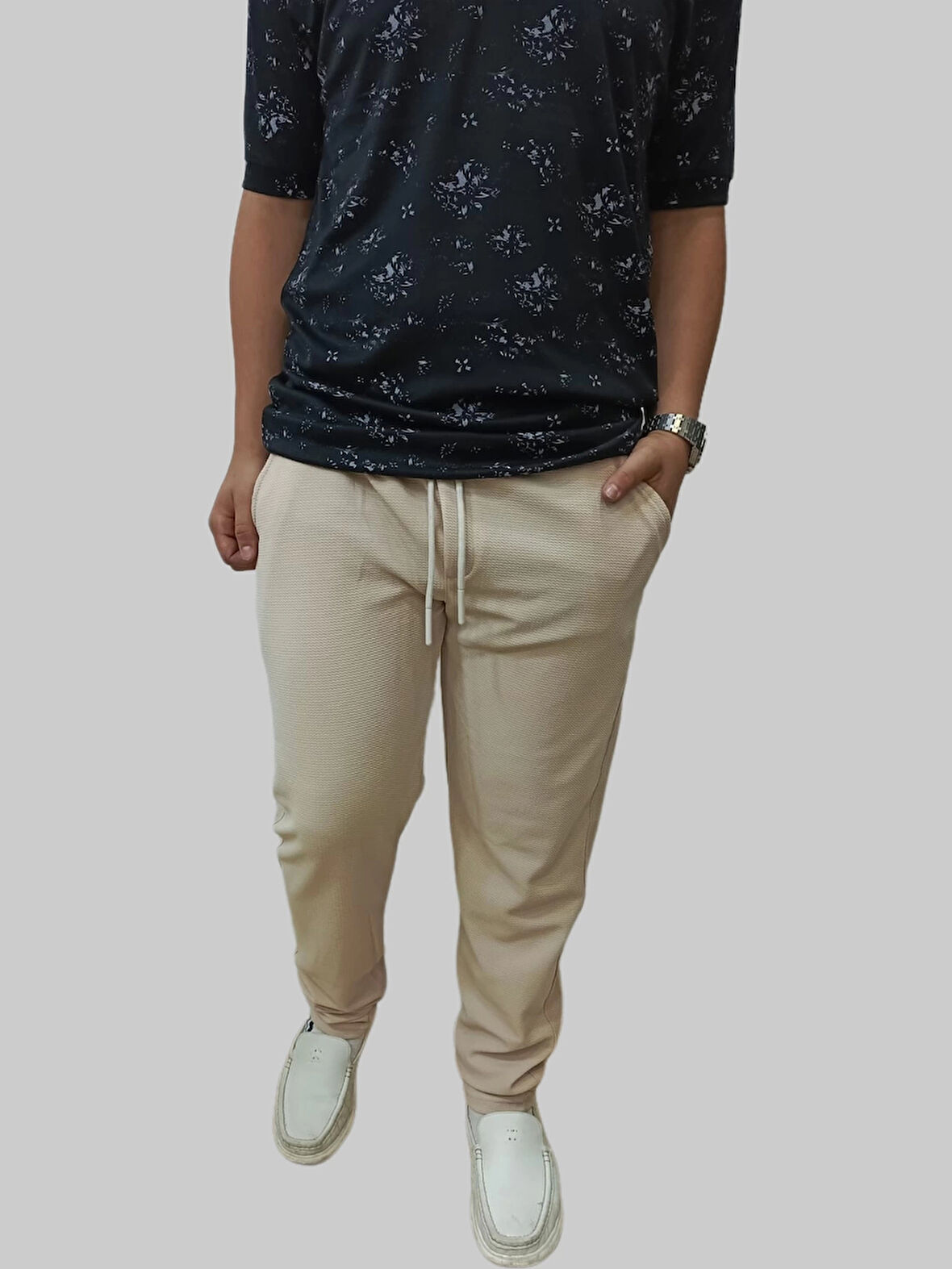 Erkek Beli Lastikli Bağcıklı Çakıl Taşlı Sahte Patlı Krem Jogger Pantolon