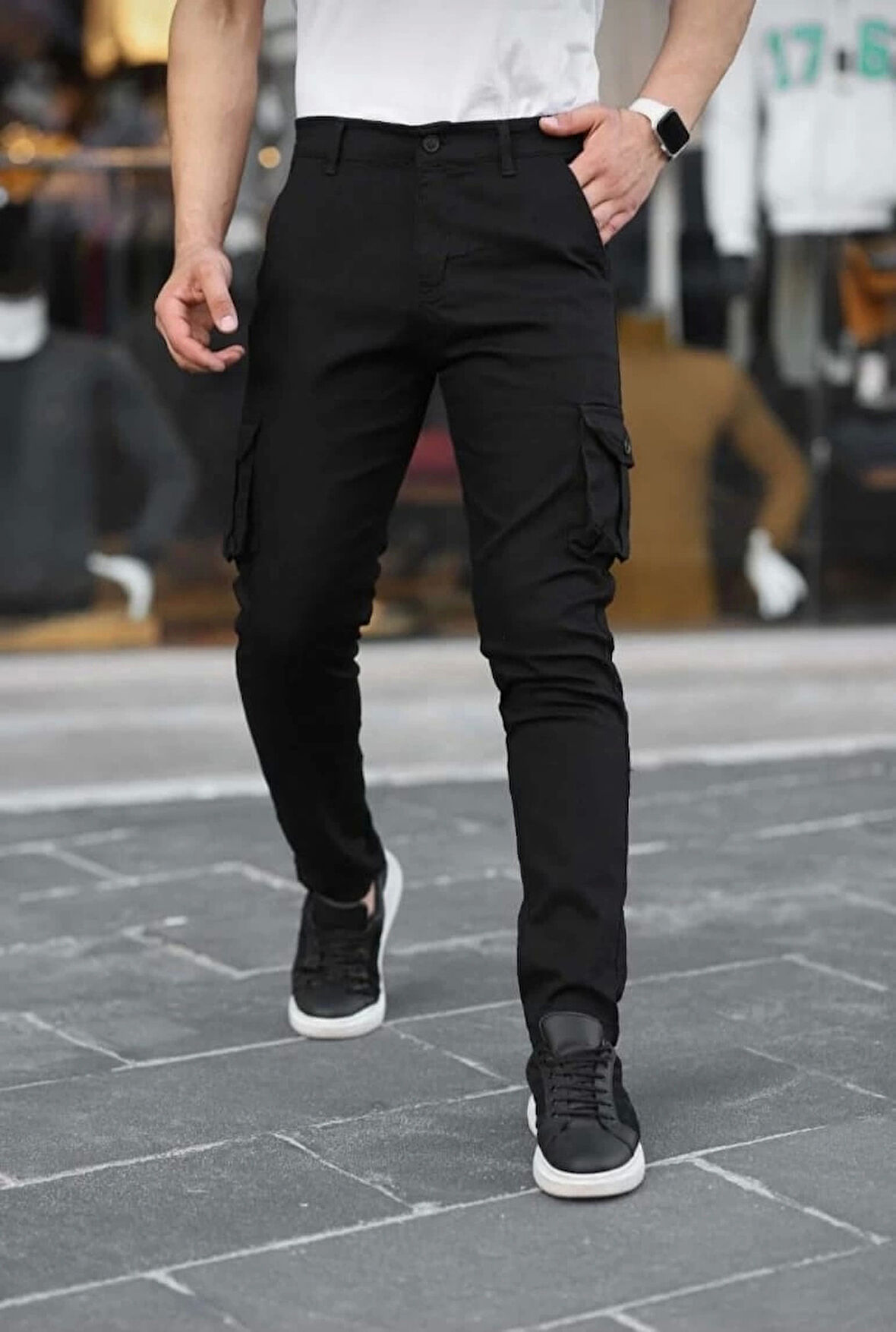 Erkek Körüklü Cep Ve Paça Ribana Detaylı Siyah Keten Kargo Pantolon