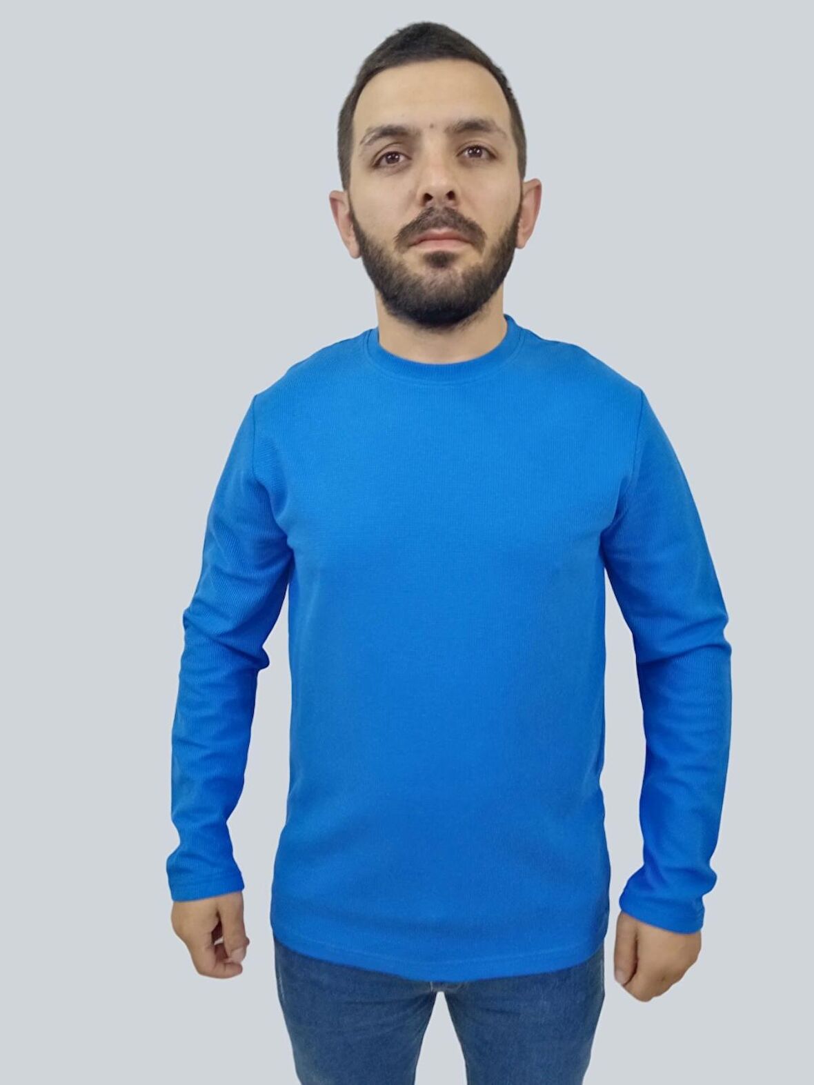 Erkek Waffle Uzun Kol Saks Mavisi Sweatshirt