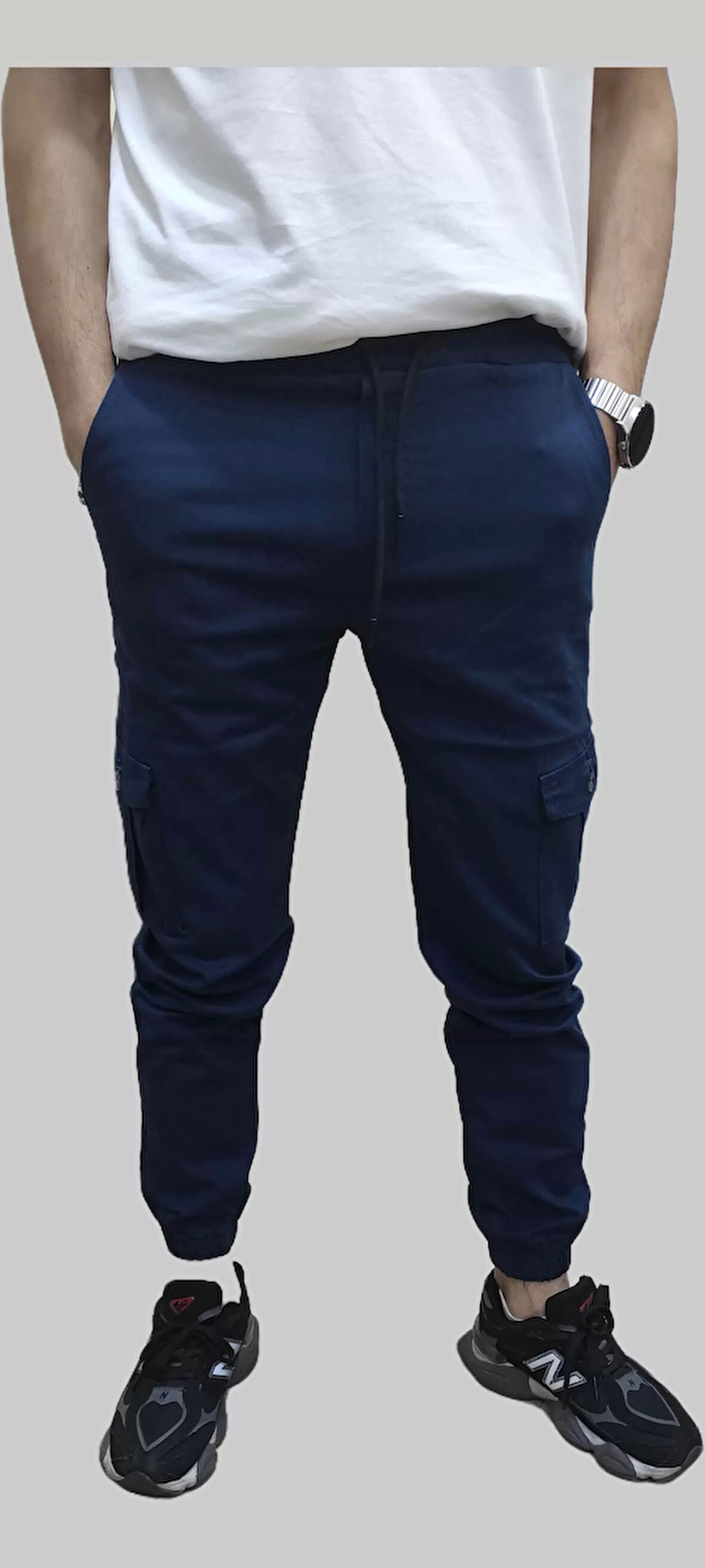 Erkek Jogger Beli ve Paçası Lastikli Keten İndigo Kargo Pantolon