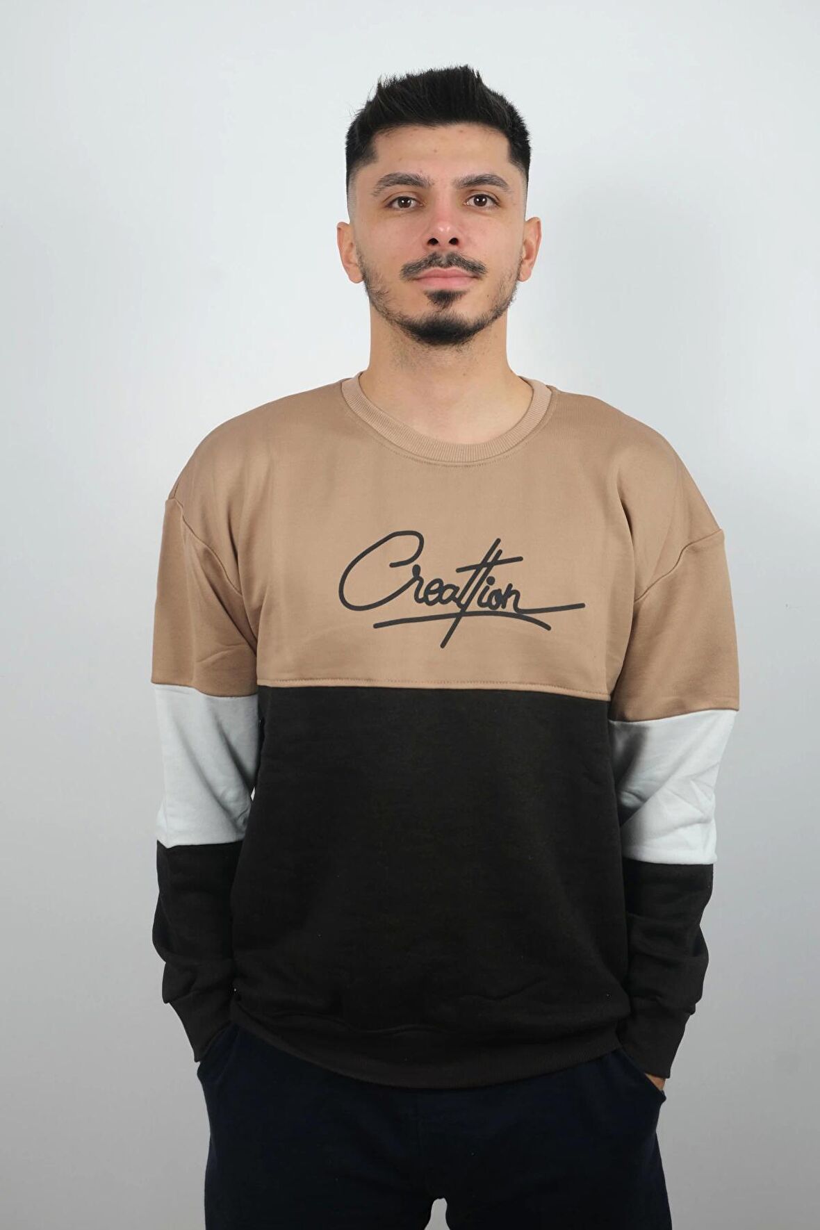 Erkek Sıfır Yaka Çizgili Sweatshirt Creattion Kahverengi