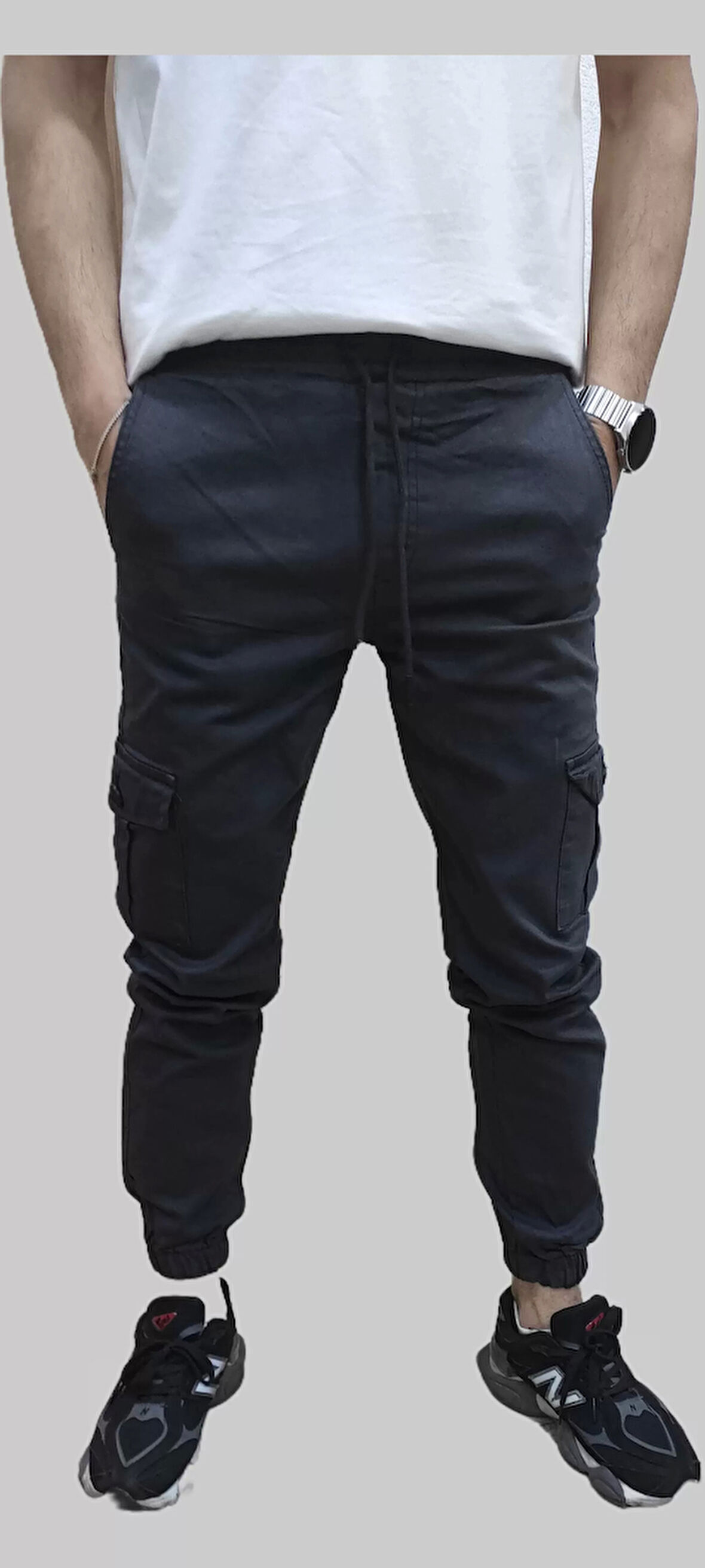 Erkek Jogger Beli ve Paçası Lastikli Keten Antrasit Kargo Pantolon