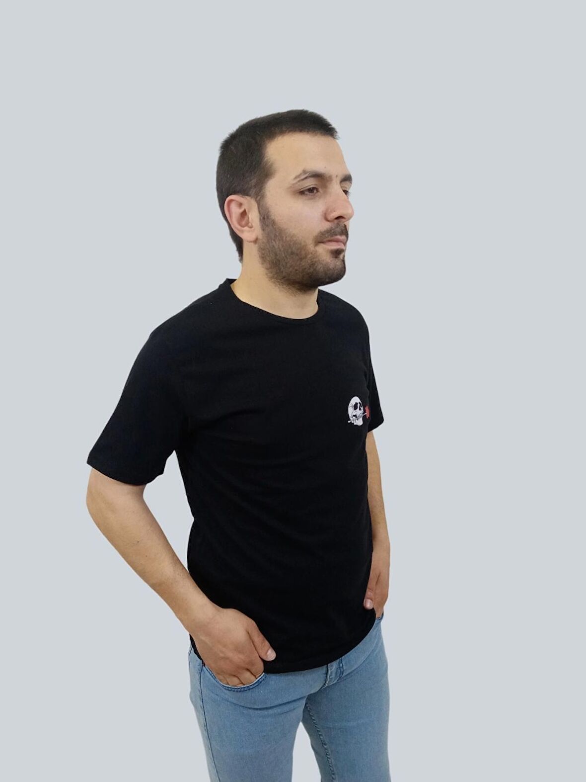 Erkek Skull Sıfır Yaka Basic Siyah Tişört