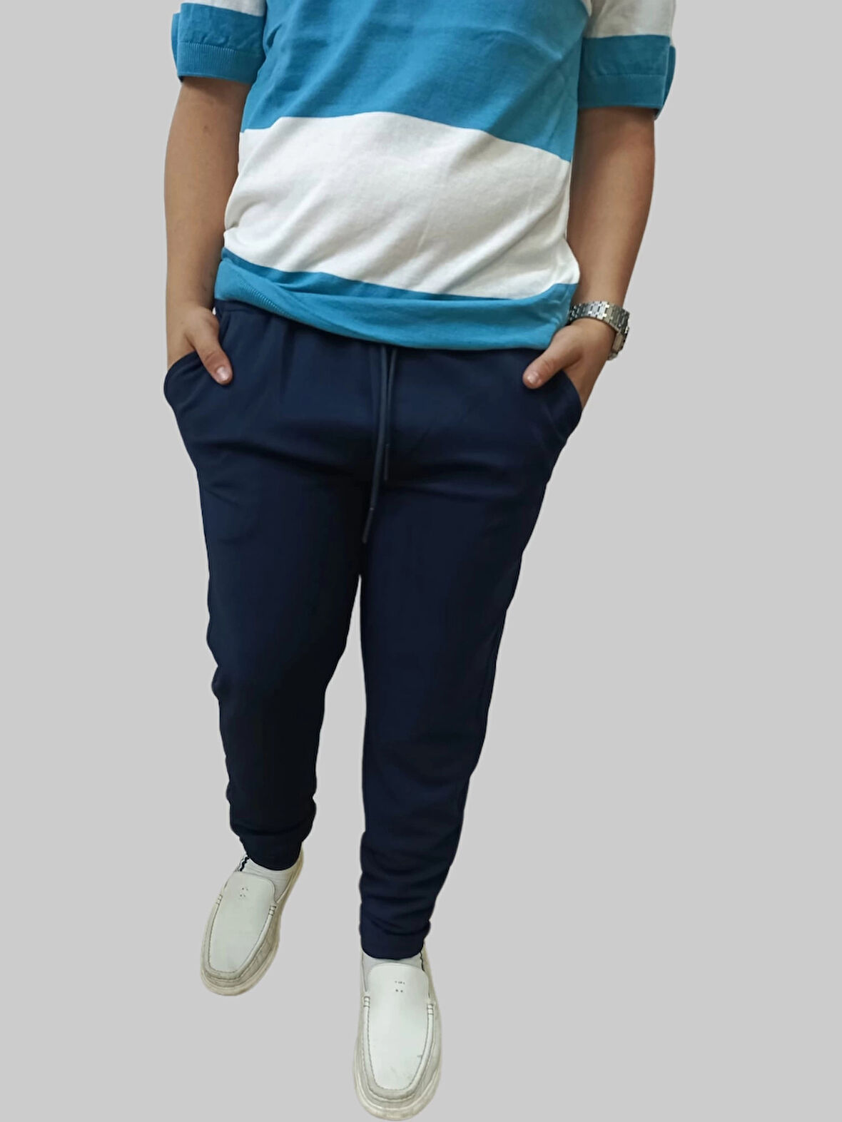 Erkek Beli Lastikli Bağcıklı Çakıl Taşlı Sahte Patlı Lacivert Jogger Pantolon
