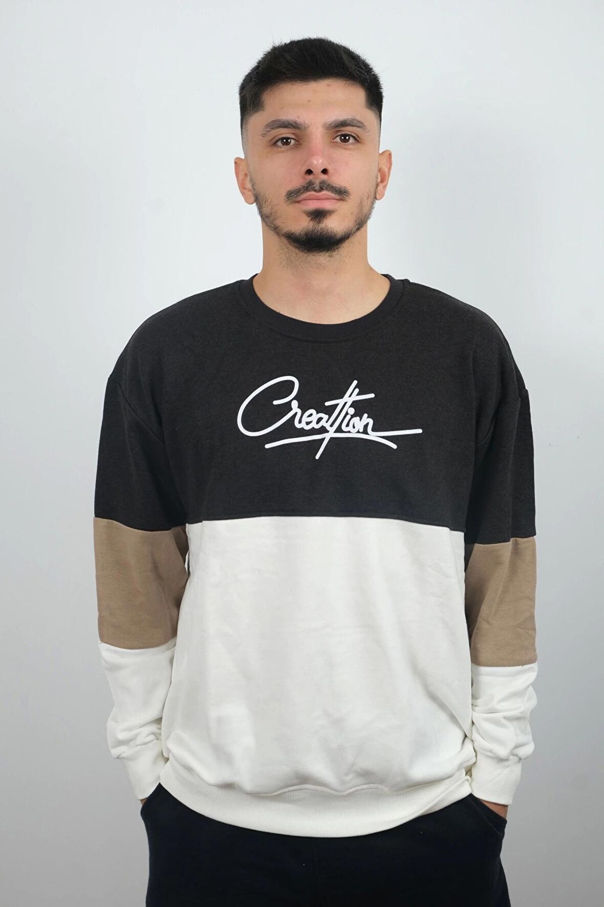 Erkek Sıfır Yaka Çizgili Sweatshirt Creattion Füme