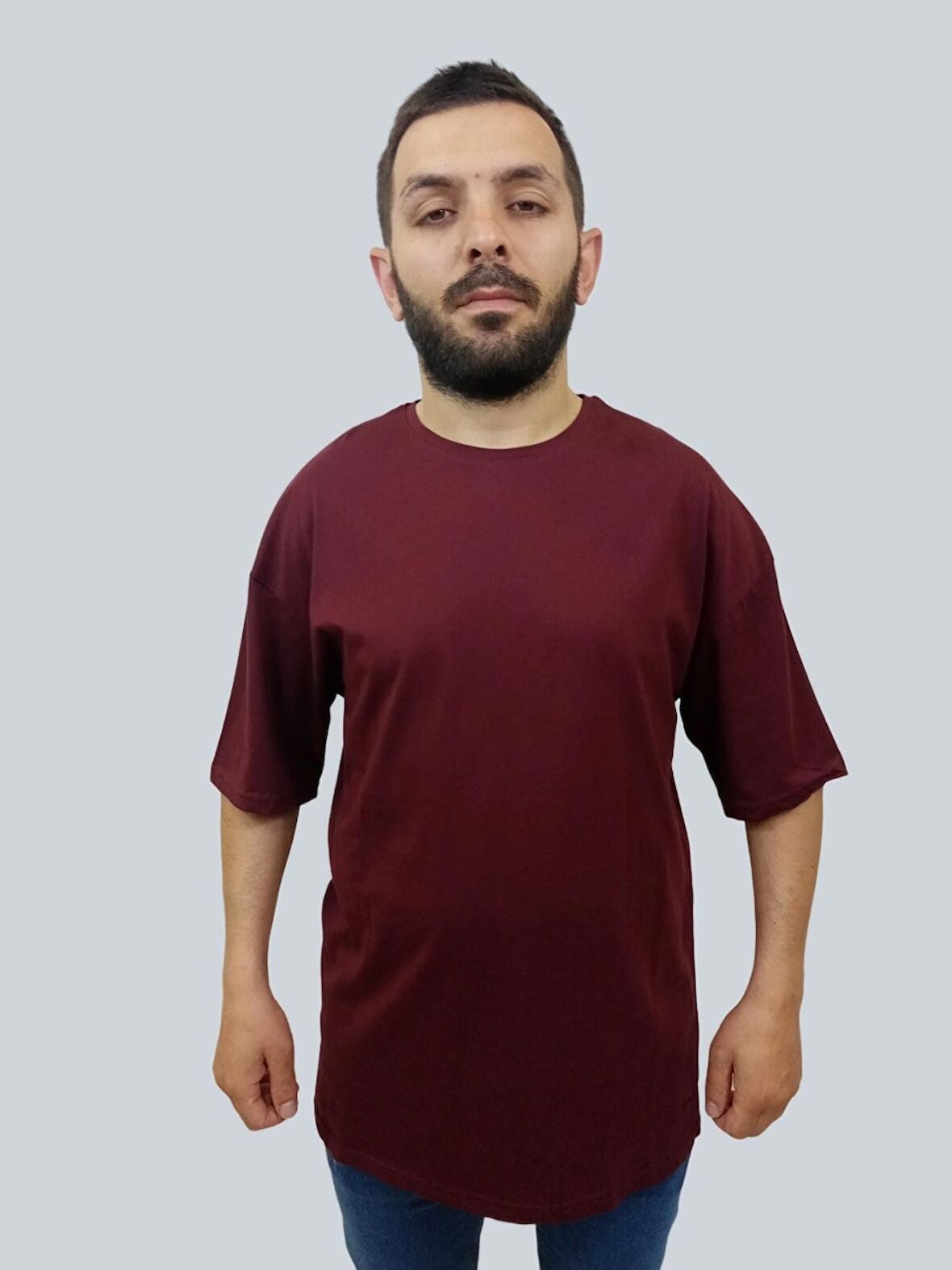 Erkek Plain Oversize Bisiklet Yaka Bordo Tişört