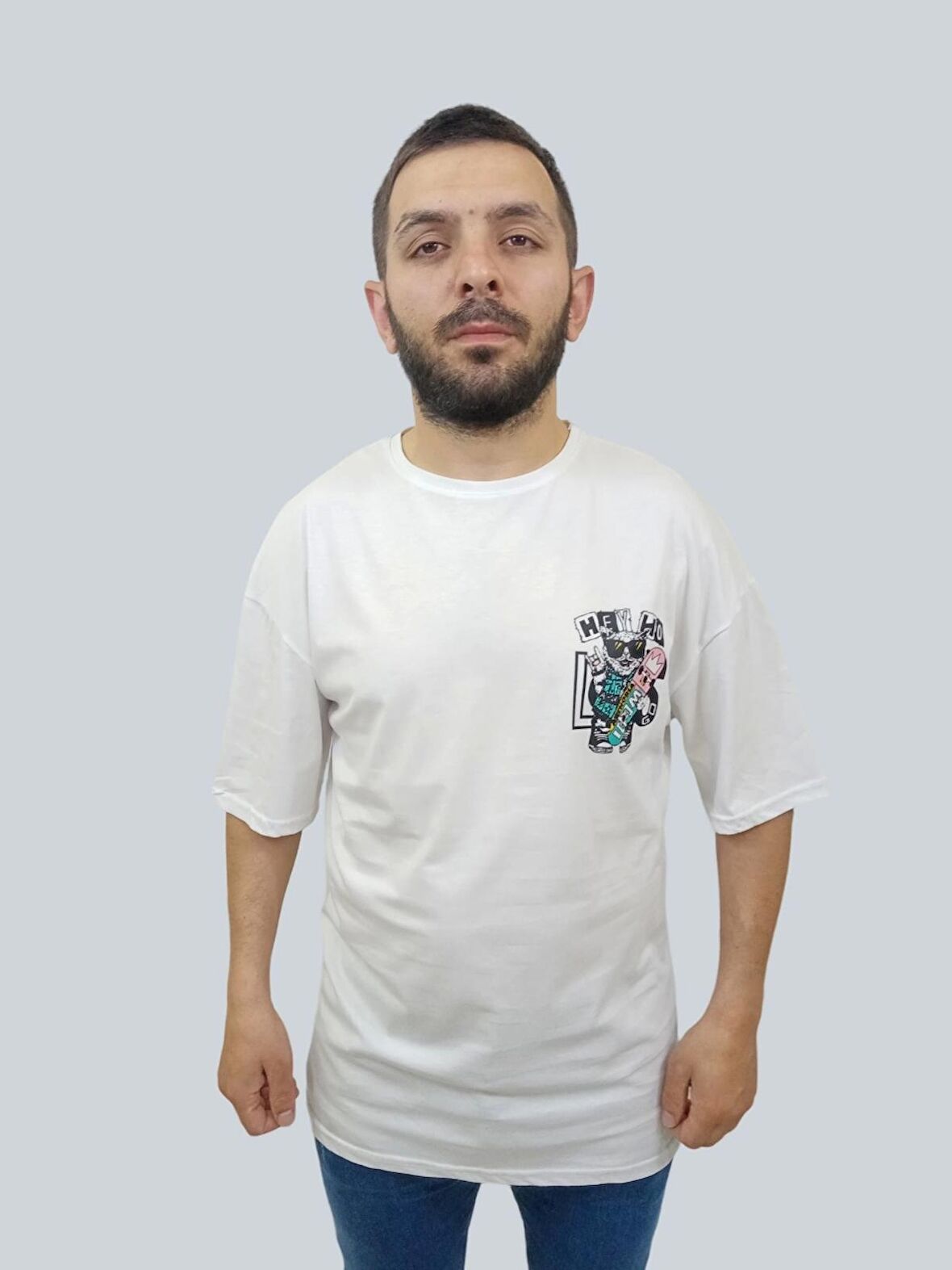Erkek Hey Oversize Bisiklet Yaka Beyaz Tişört