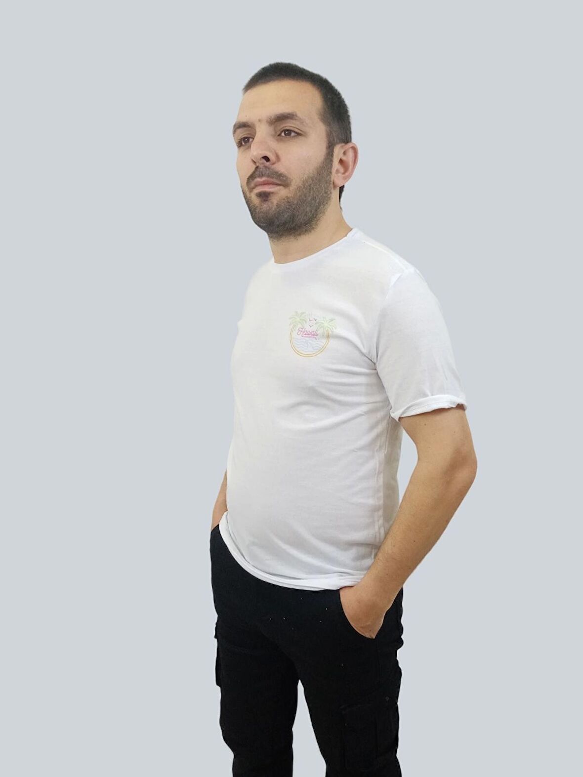 Erkek Hawaii Sıfır Yaka Basic Beyaz Tişört