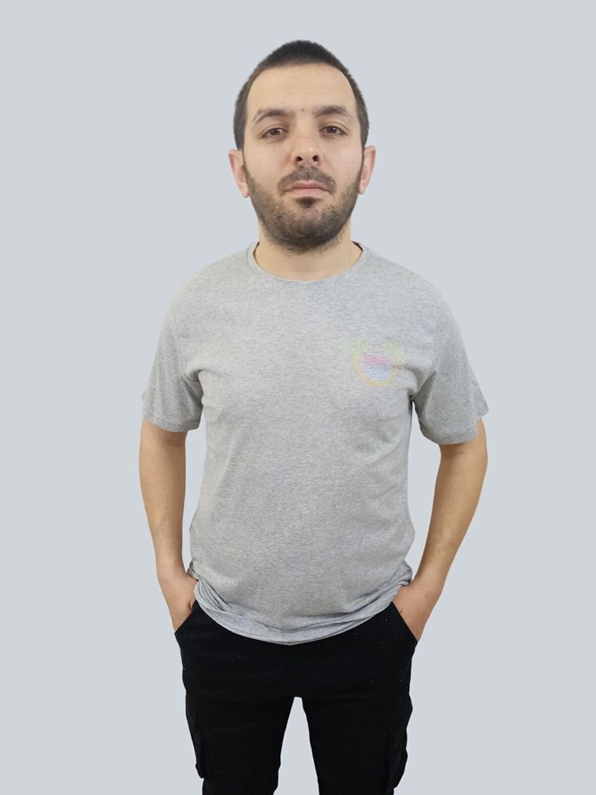 Erkek Hawaii Sıfır Yaka Basic Gri Tişört