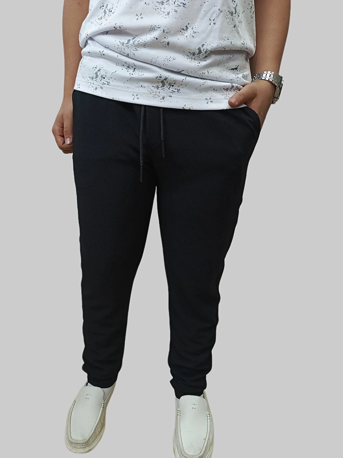Erkek Battal Beli Lastikli Bağcıklı Çakıl Taşlı Sahte Patlı Lacivert Jogger Pantolon
