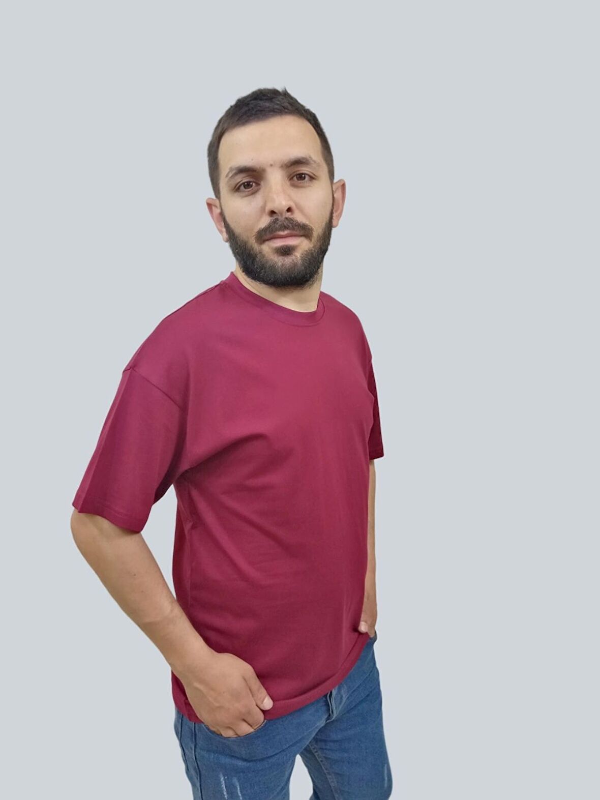 Erkek Simple Bisiklet Yaka Bordo Tişört