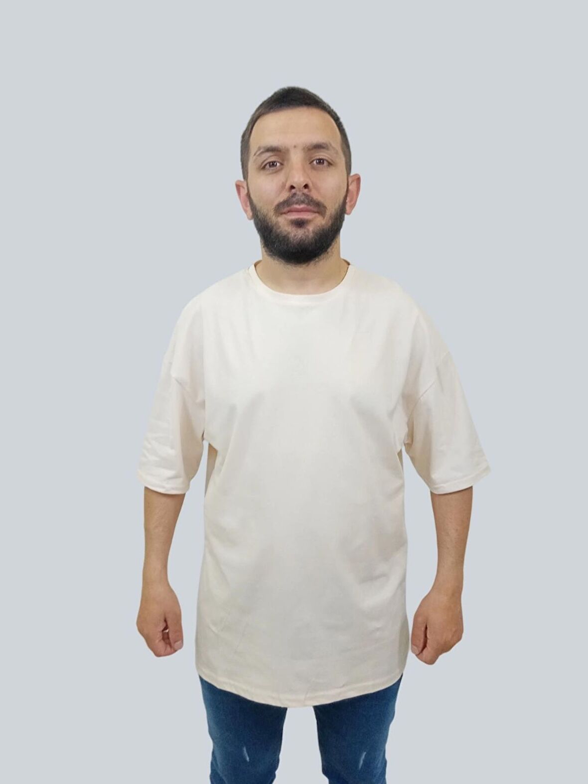 Erkek Plain Oversize Bisiklet Yaka Krem Tişört