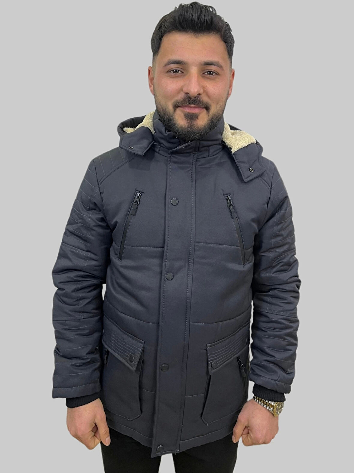 Erkek Kapüşon Çıkmalı İçi Kürklü Fermuar Detaylı Kanvas Füme Kaban Parka