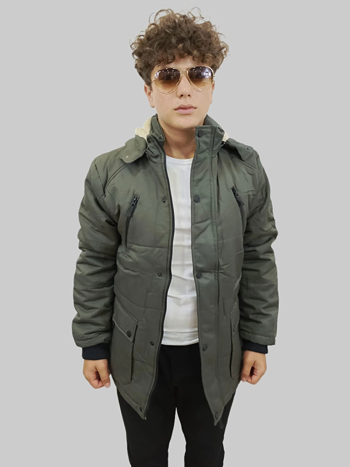 Erkek Çıkma Kapüşonlu İçi Kürklü Kanvas Haki Parka Kaban