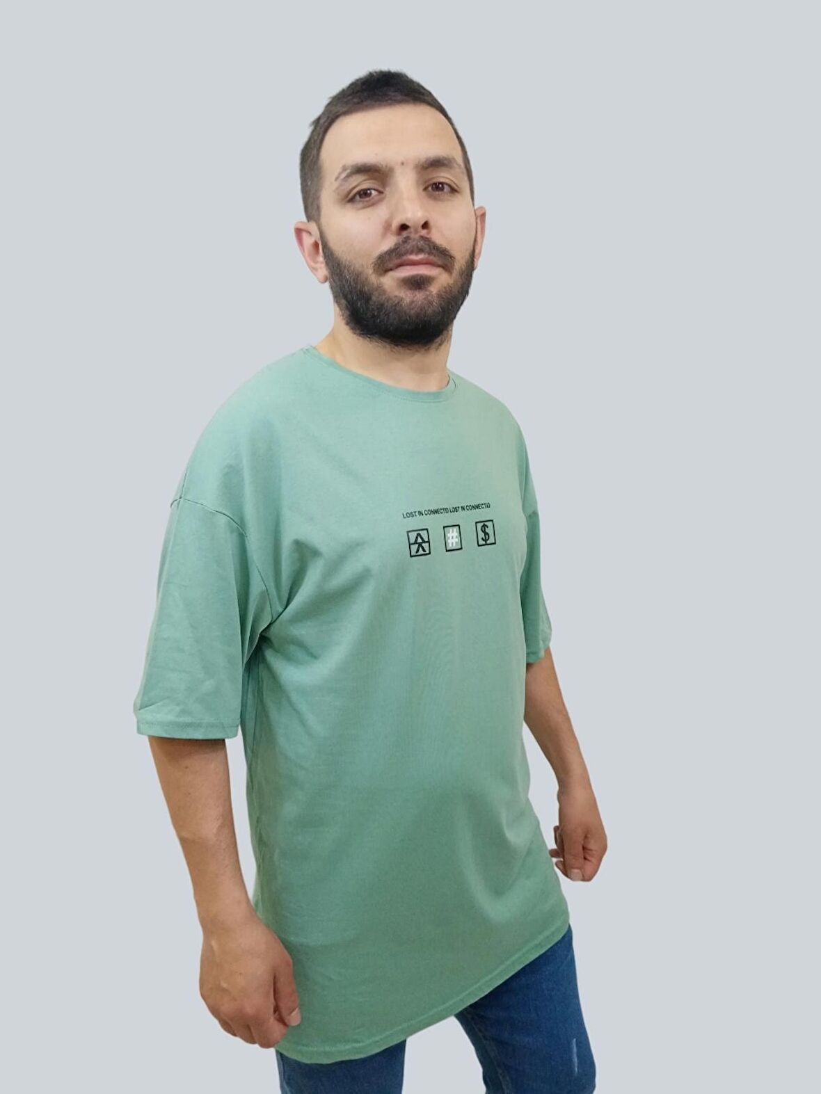 Erkek Lost Oversize Bisiklet Yaka Mint Yeşili Tişört