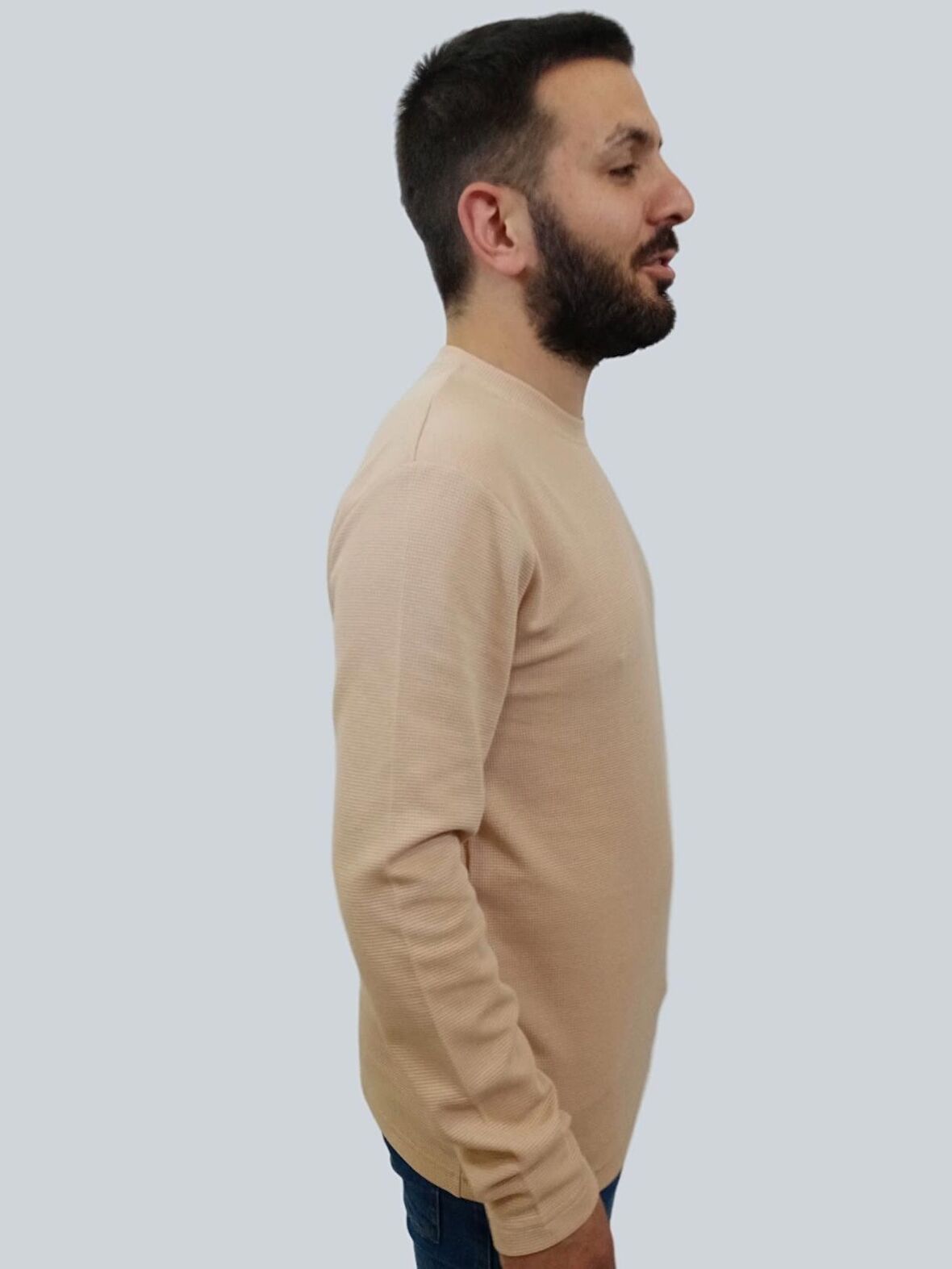 Erkek Waffle Uzun Kol Krem Sweatshirt