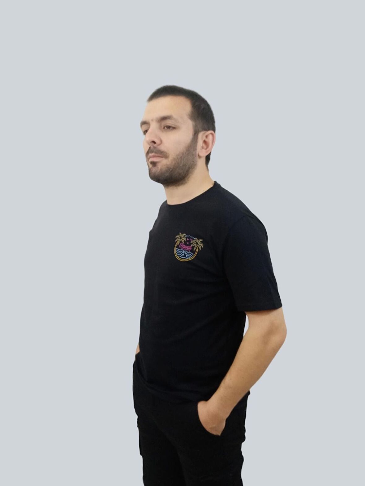 Erkek Hawaii Sıfır Yaka Basic Siyah Tişört