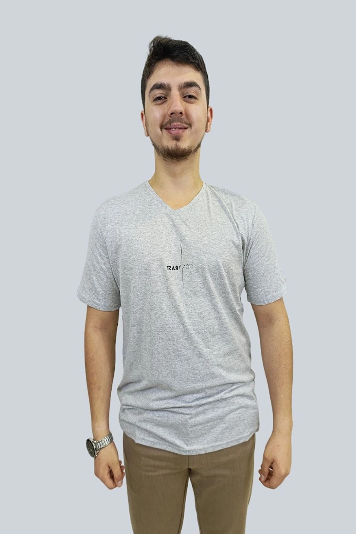 Erkek Contrast V Yaka Gri Tişört