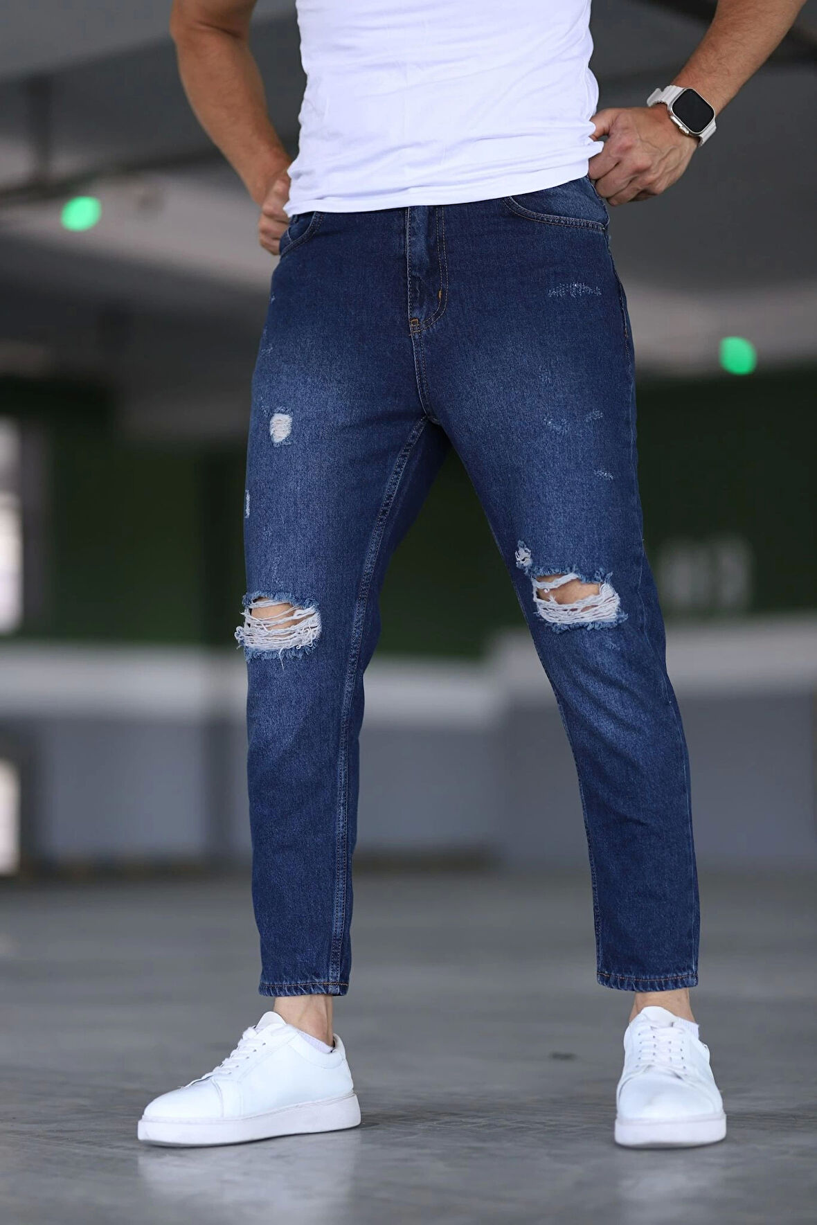 Erkek Boyfiend Yırtıklı Lacivert Kot Pantolon