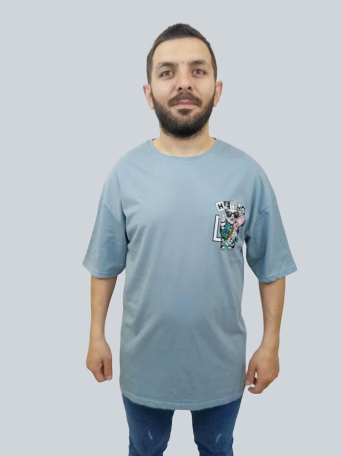 Erkek Hey Oversize Bisiklet Yaka Gök Mavisi Tişört