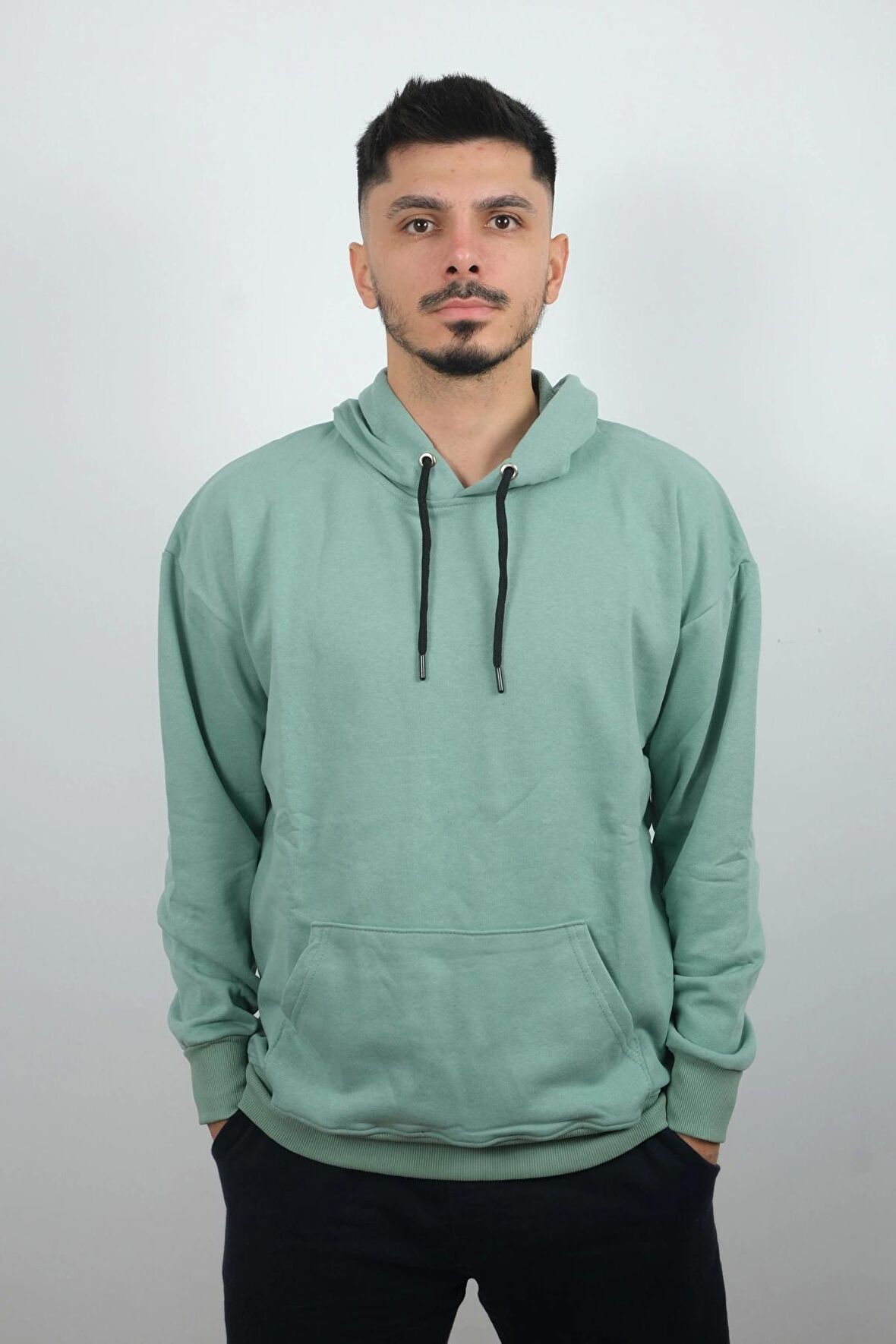Erkek Kapüşonlu ve Önden Cepli Düz Polar Sweatshirt Turkuaz