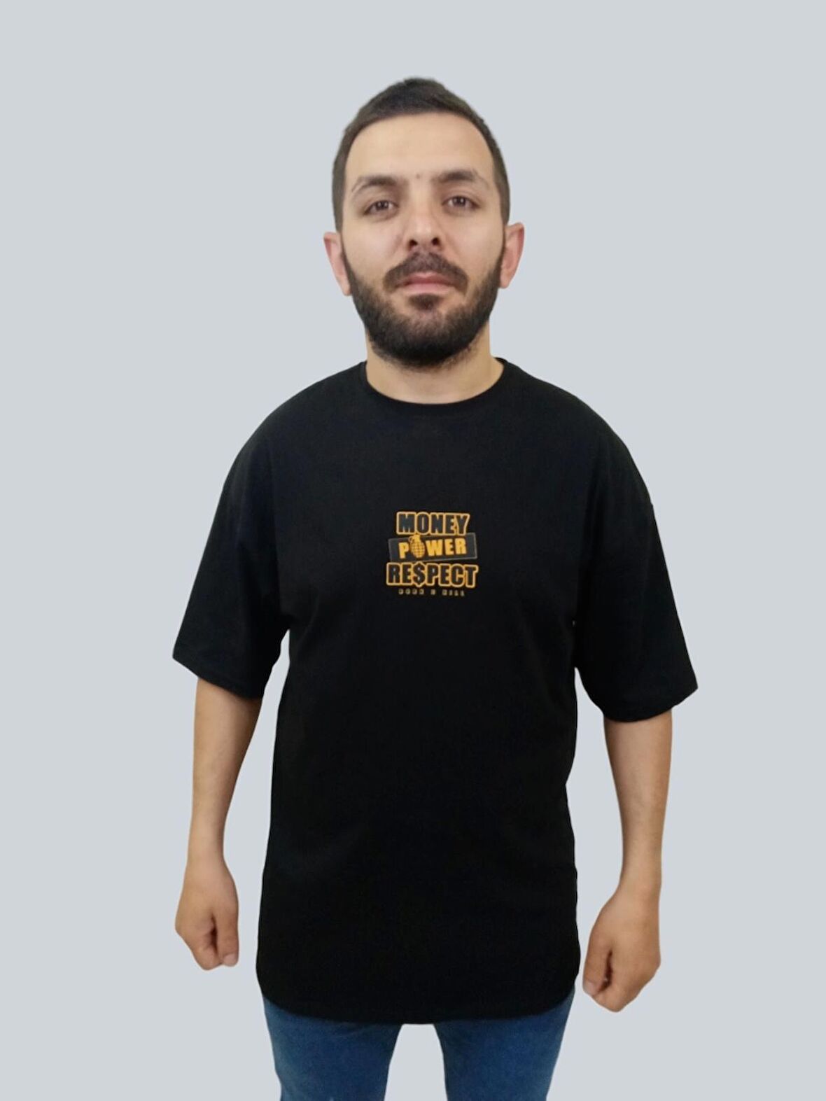Erkek Respect Oversize Bisiklet Yaka Siyah Tişört