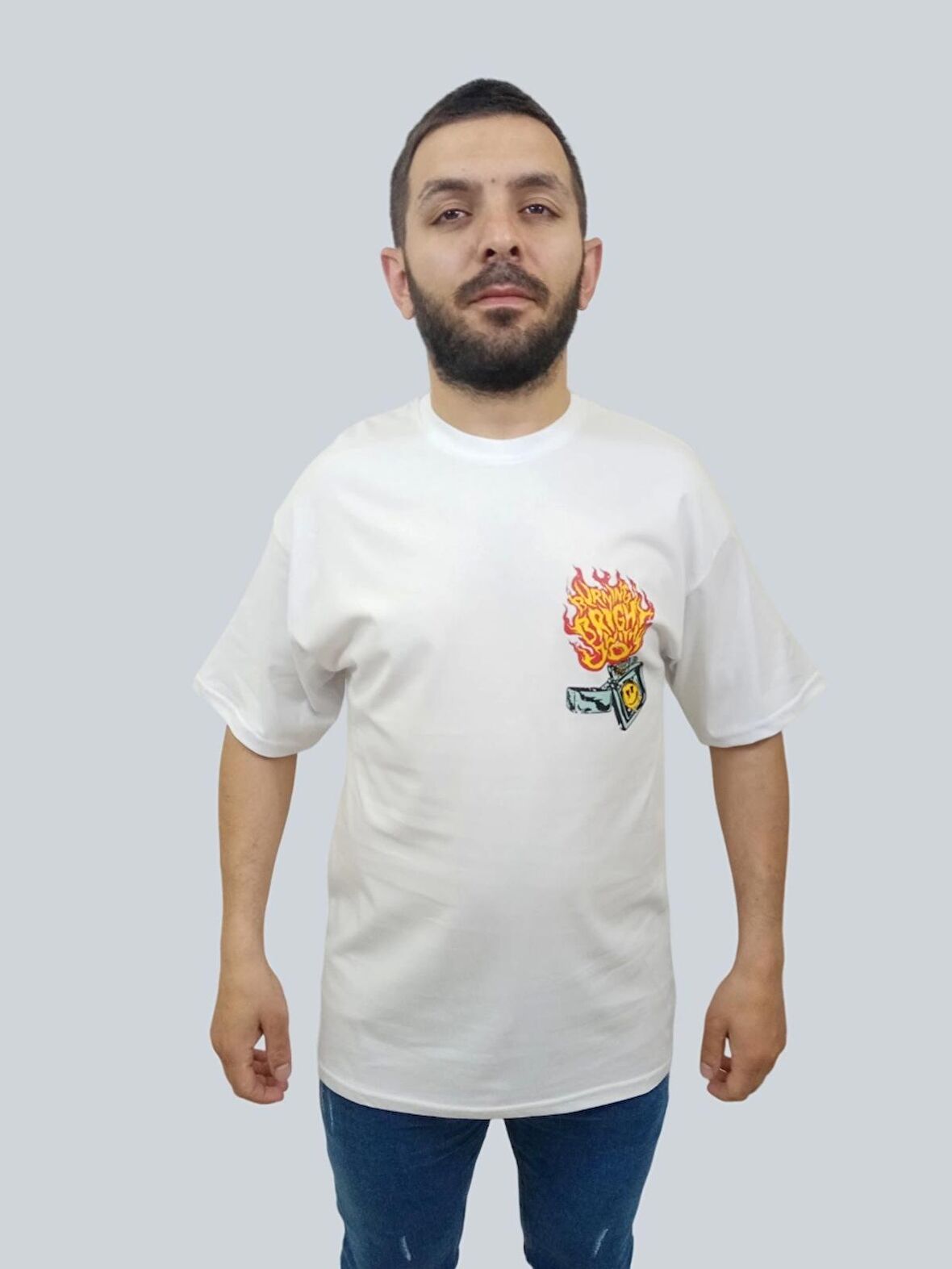 Erkek Burning Oversize Bisiklet Yaka Beyaz Tişört