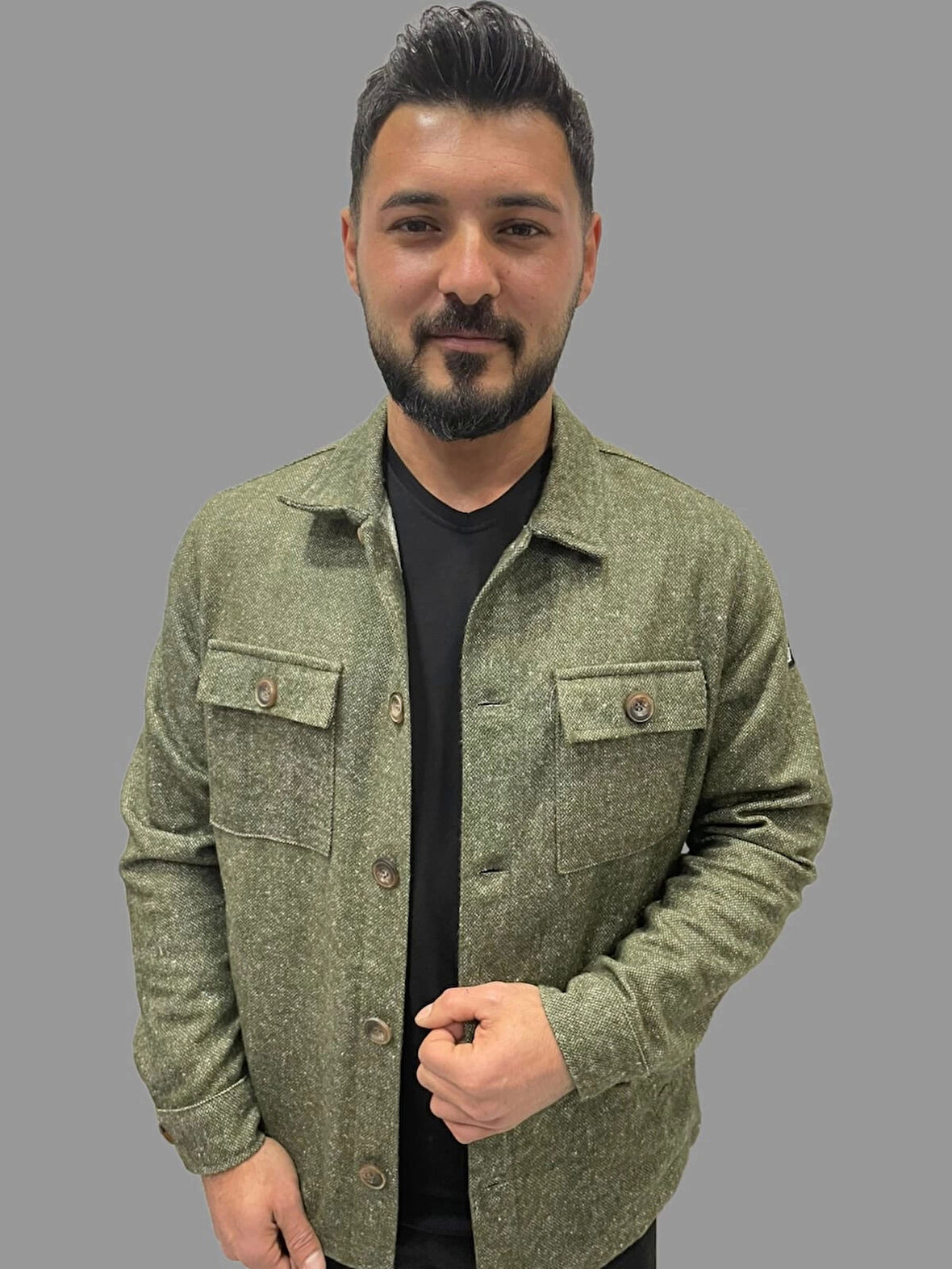 Erkek Kaşe Mevsimlik Cep Detaylı Gömlek Modeli Haki Ceket