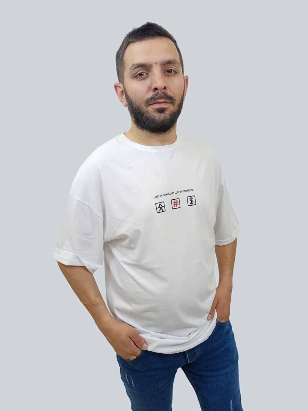 Erkek Lost Oversize Bisiklet Yaka Beyaz Tişört