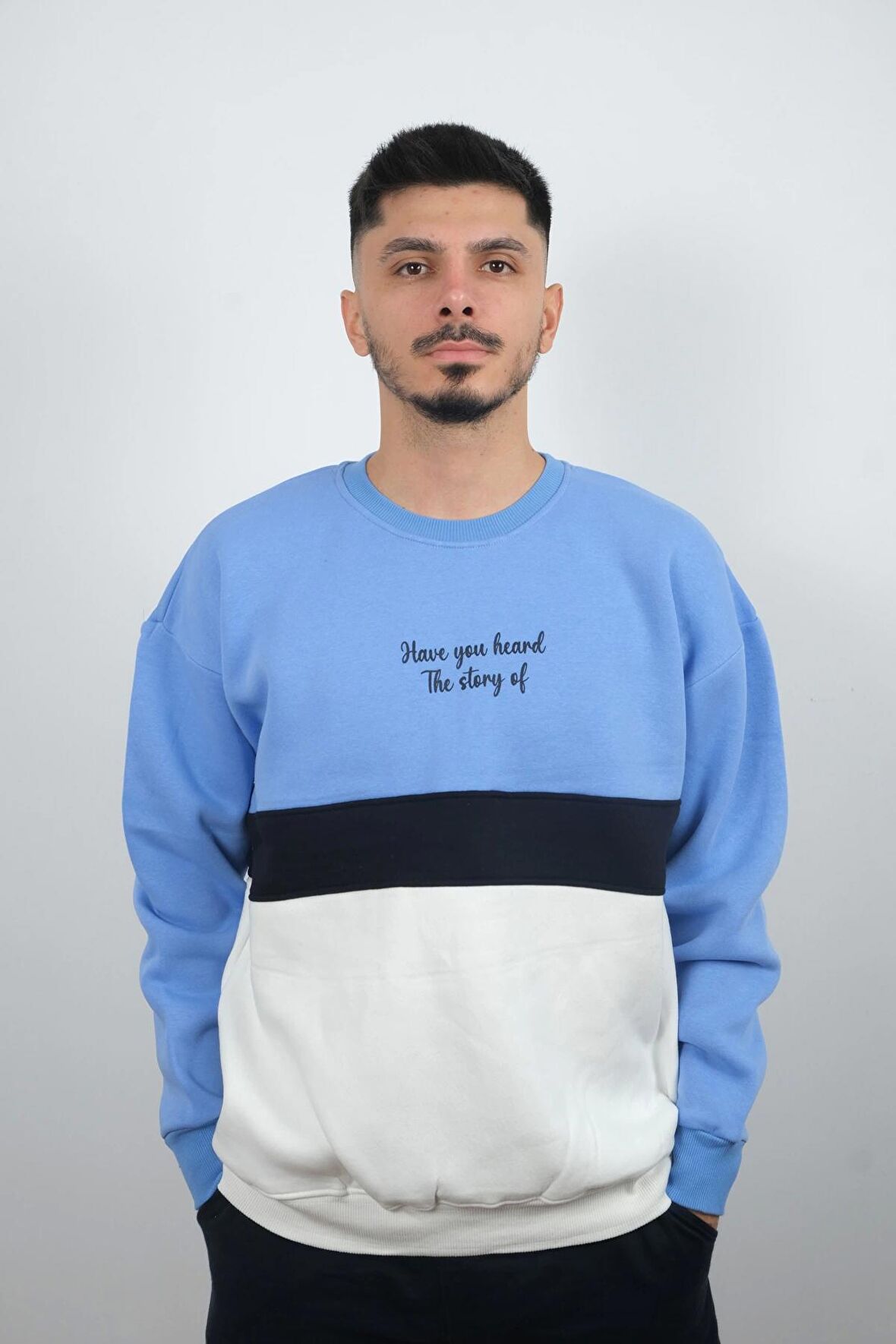 Erkek Sıfır Yaka Çizgili Polar Sweatshirt Story Mavi