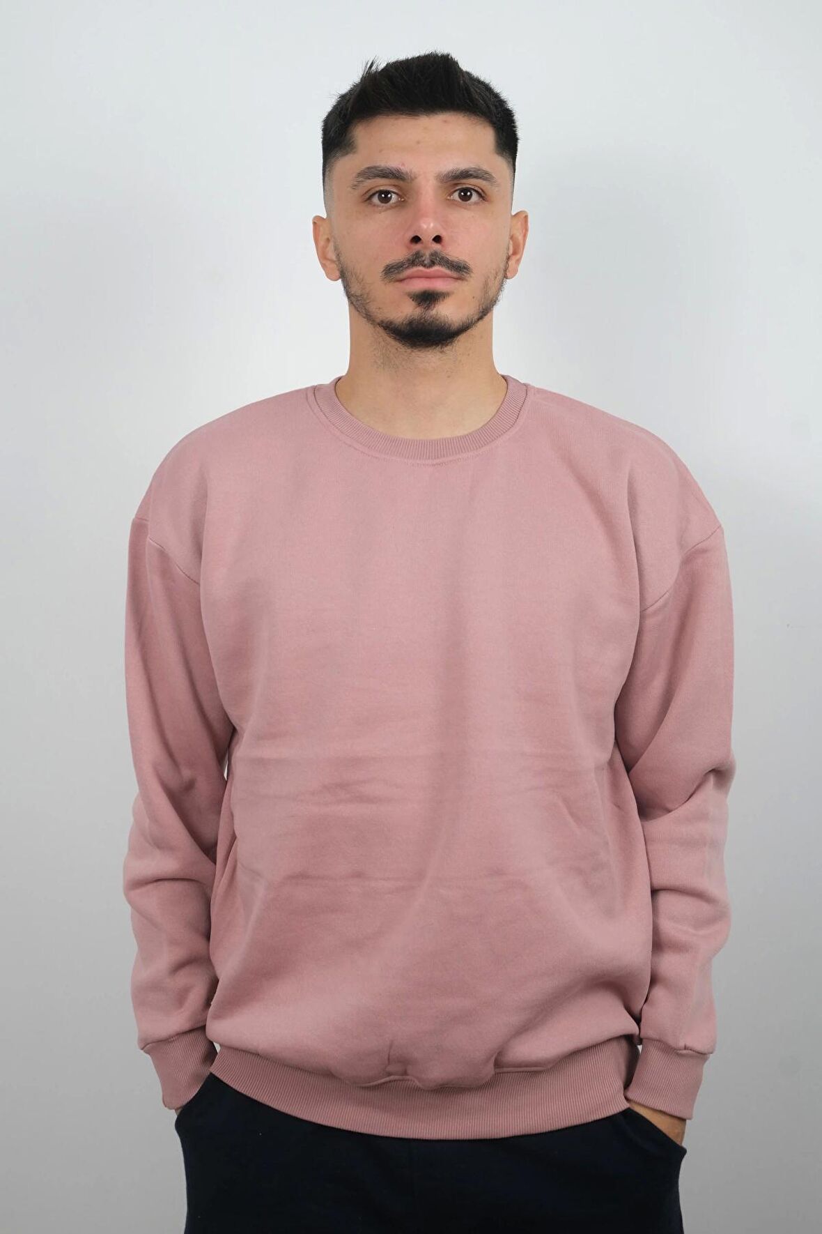 Erkek Sıfır Yaka Düz Polar Sweatshirt Pudra Pembe