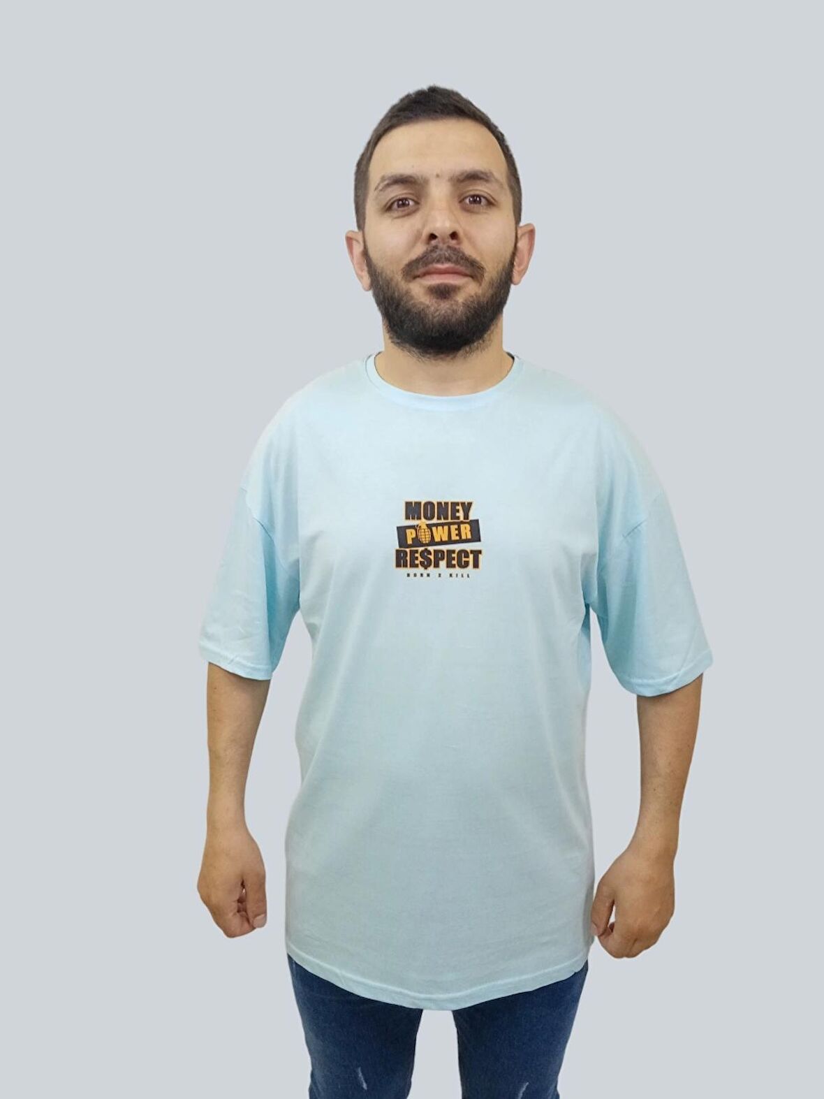 Erkek Respect Oversize Bisiklet Yaka Buz Mavisi Tişört