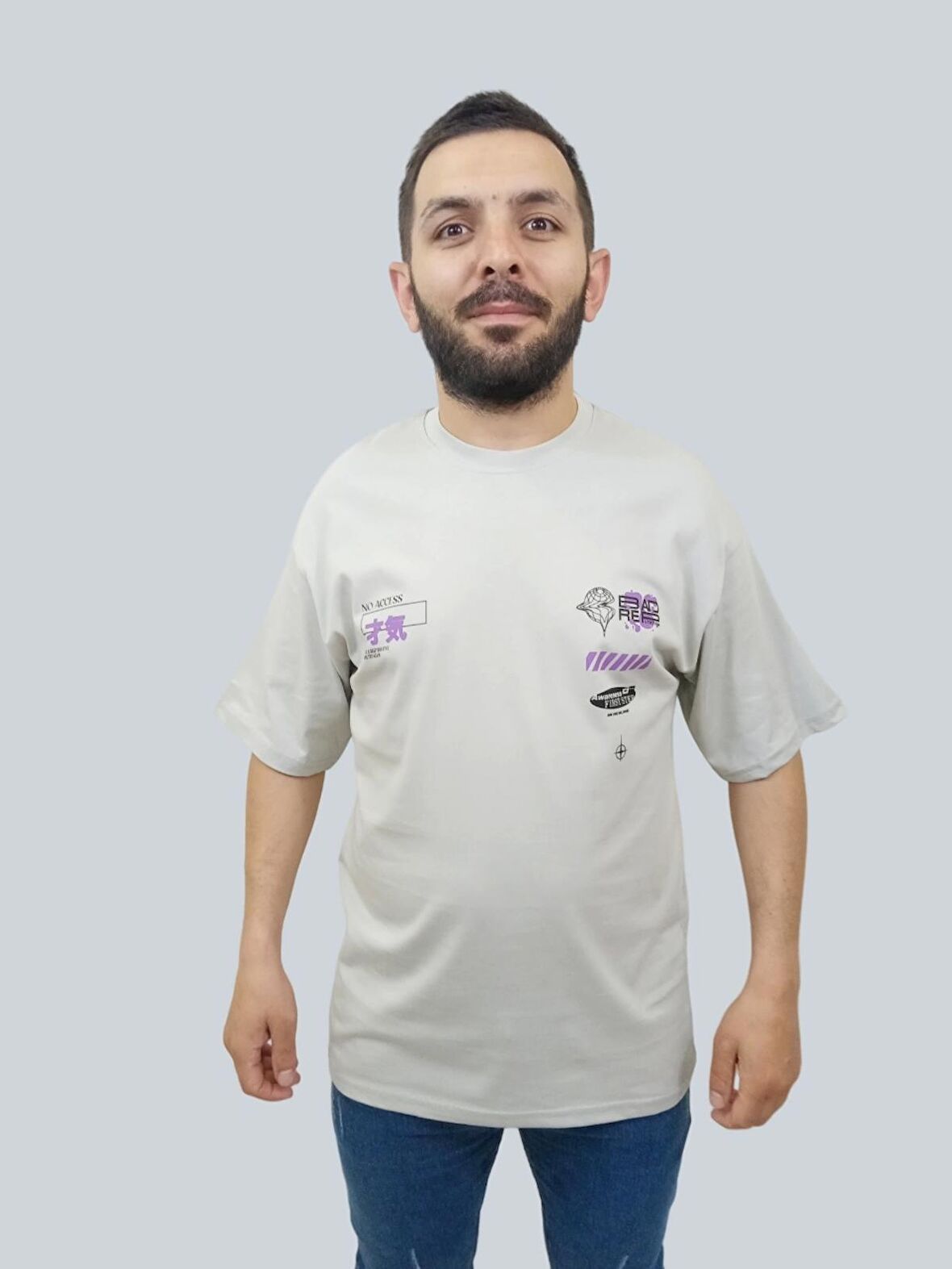 Erkek Reputation Oversize Bisiklet Yaka Açık Gri Tişört