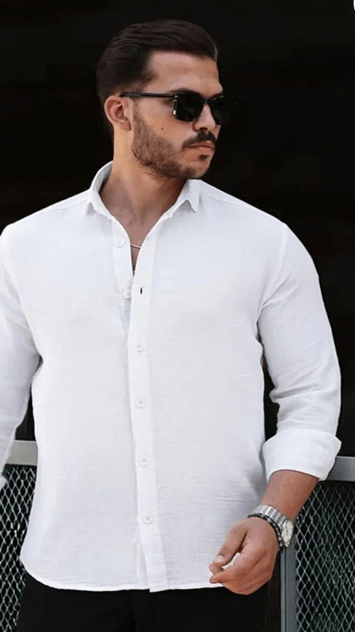 Erkek Müslin Kumaş Uzun Kol Yakalı Beyaz Gömlek