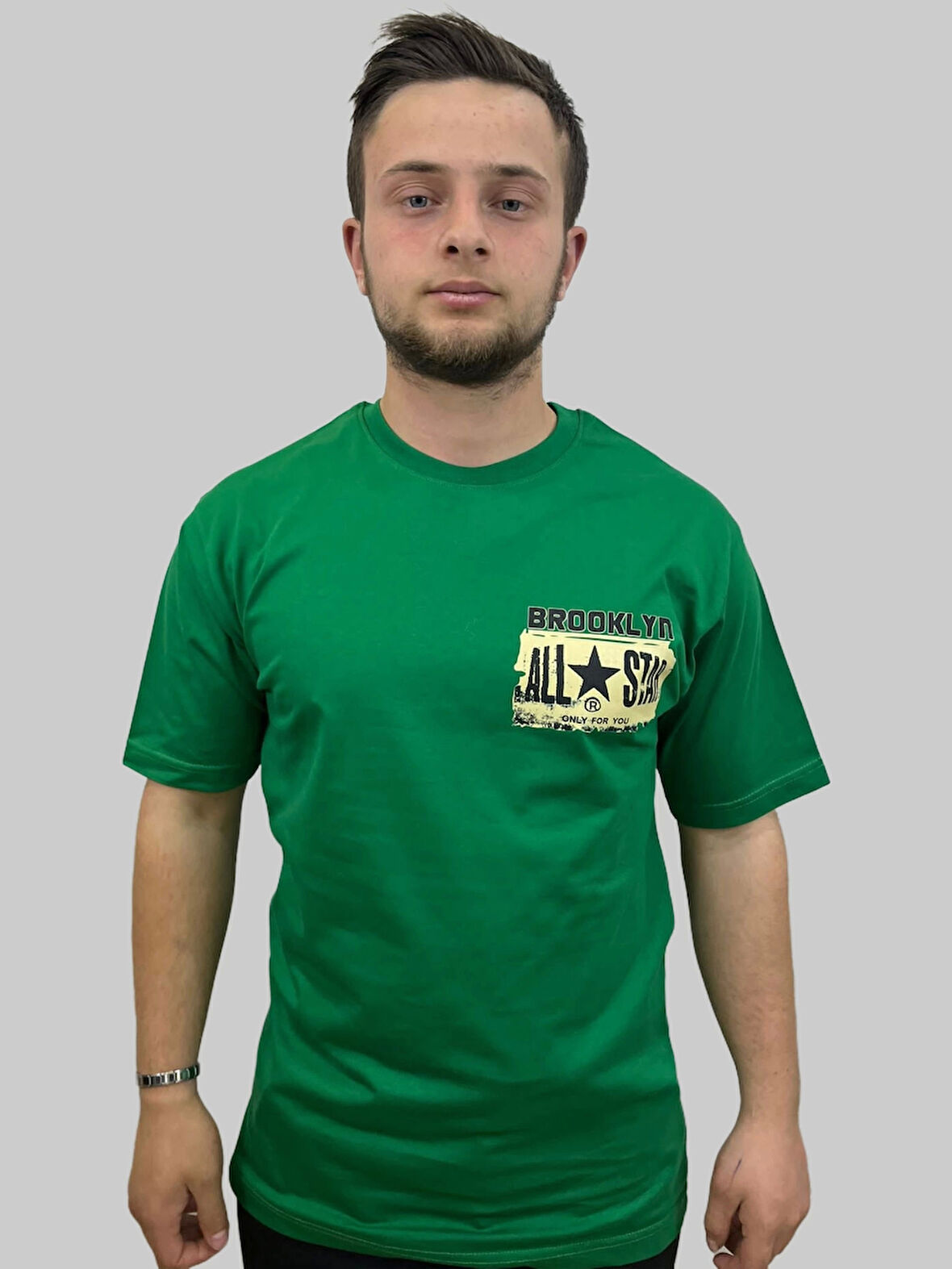 Erkek Brooklyn Yuvarlak Yaka Arka Baskılı Oversize Yeşil Tişört