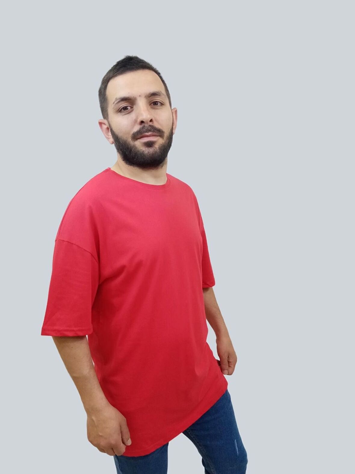 Erkek Plain Oversize Bisiklet Yaka Kırmızı Tişört