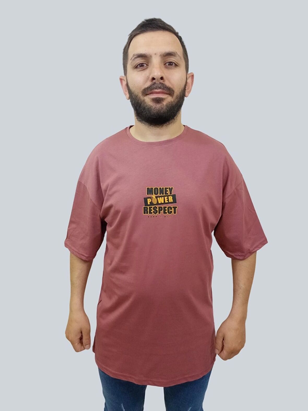 Erkek Respect Oversize Bisiklet Yaka Gül Kurusu Tişört