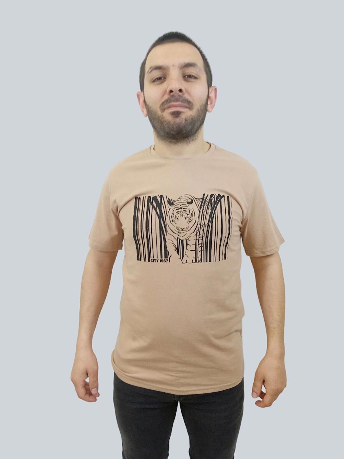 Erkek Tiger Sıfır Yaka Basic Bisküvi Tişört