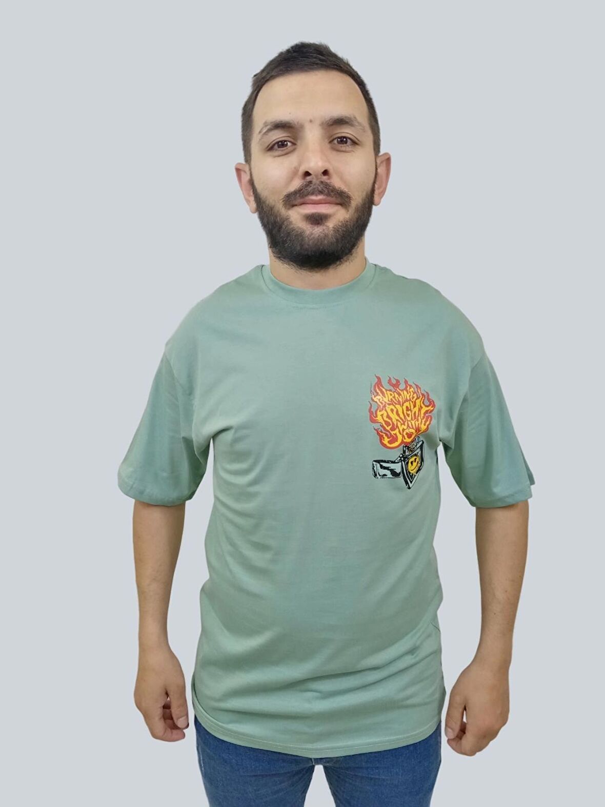 Erkek Burning Oversize Bisiklet Yaka Mint Yeşili Tişört