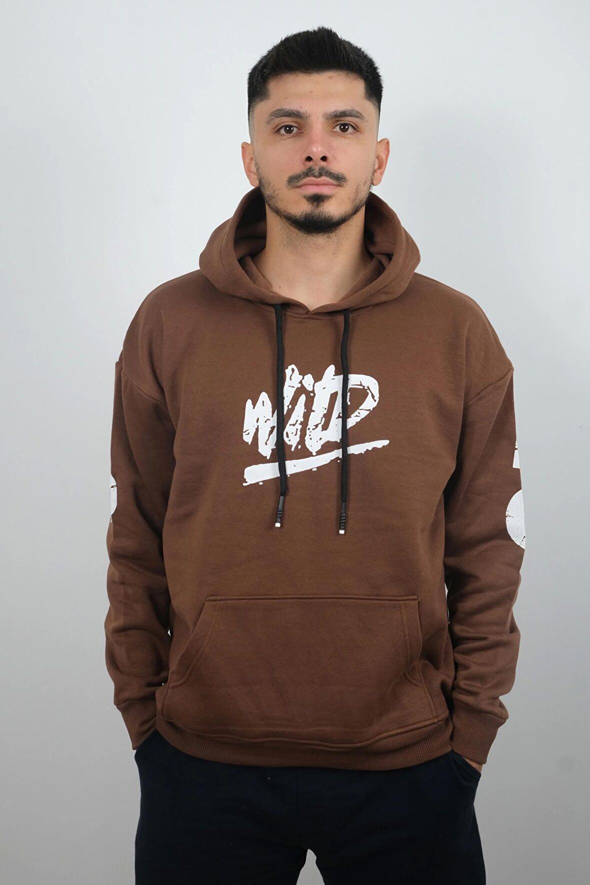 Erkek Kapüşonlu Polar Sweatshirt WİD Kahverengi